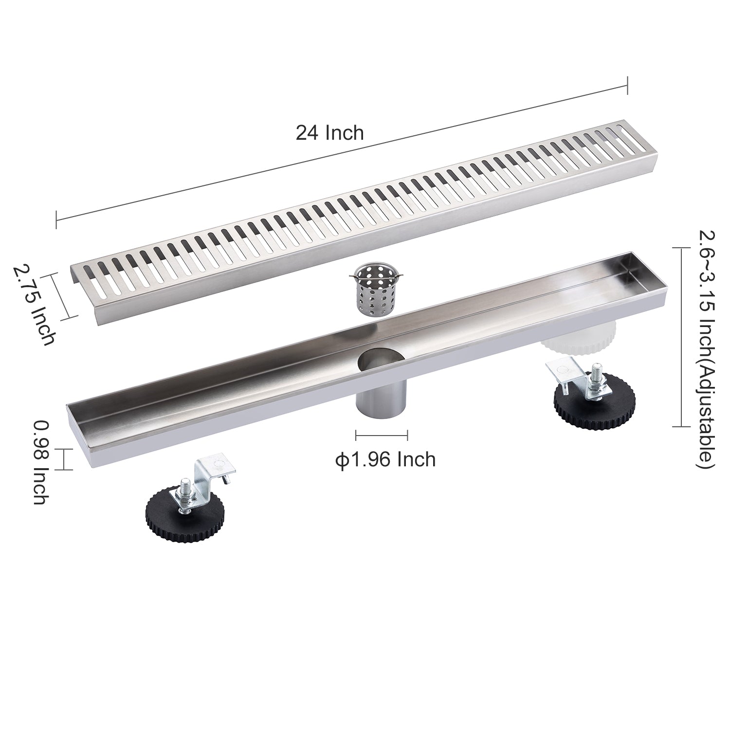 24" Linear Grid Shower Drain, Brushed Nickel