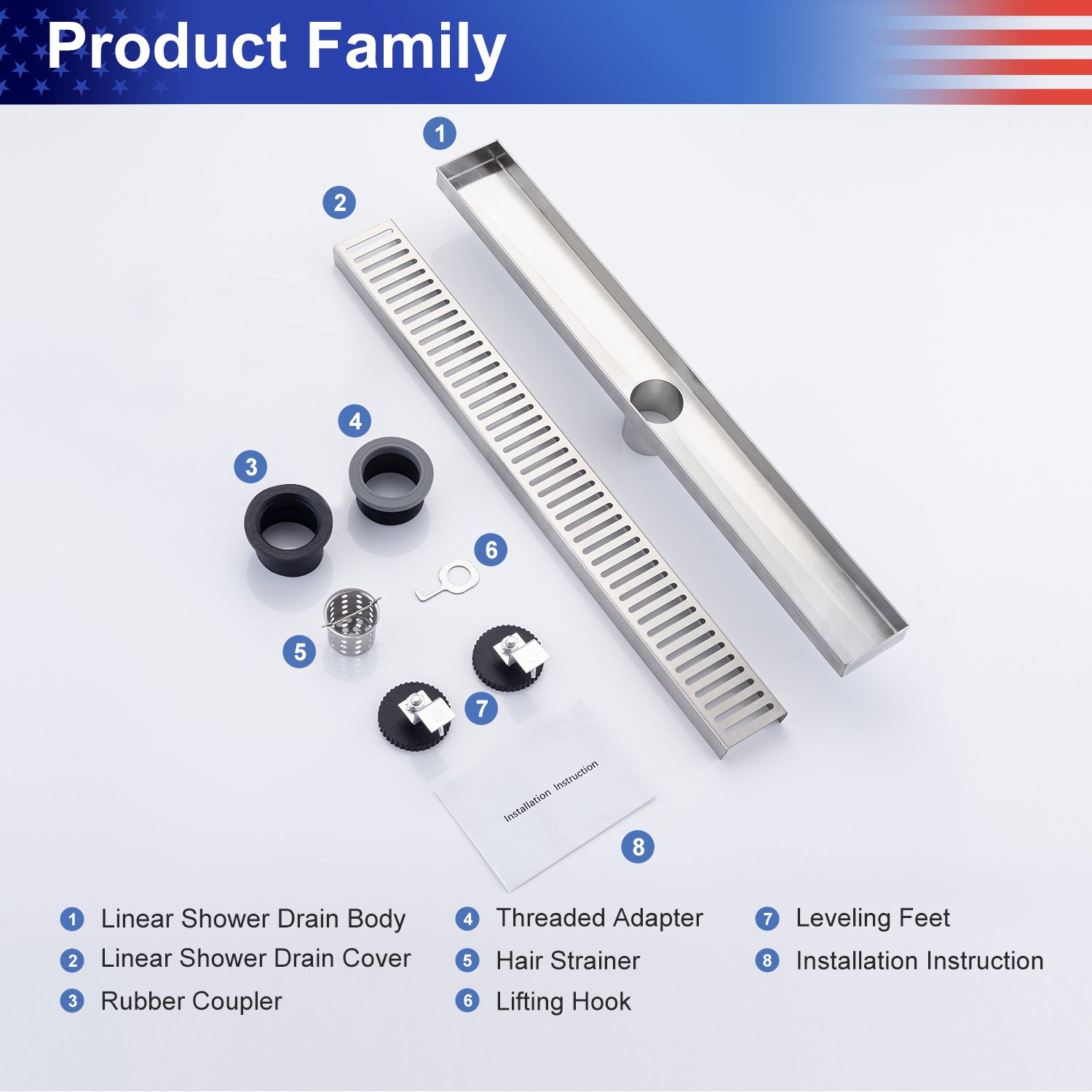 24" Linear Grid Shower Drain, Brushed Nickel