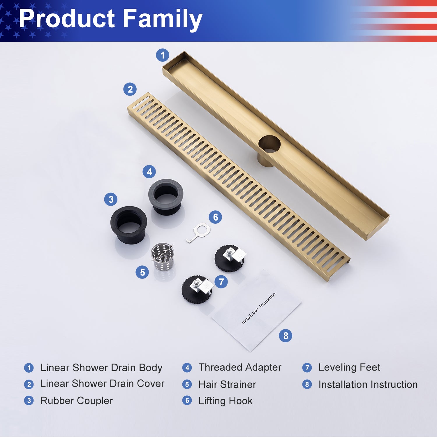 24" Linear Grid Shower Drain, Brushed Nickel