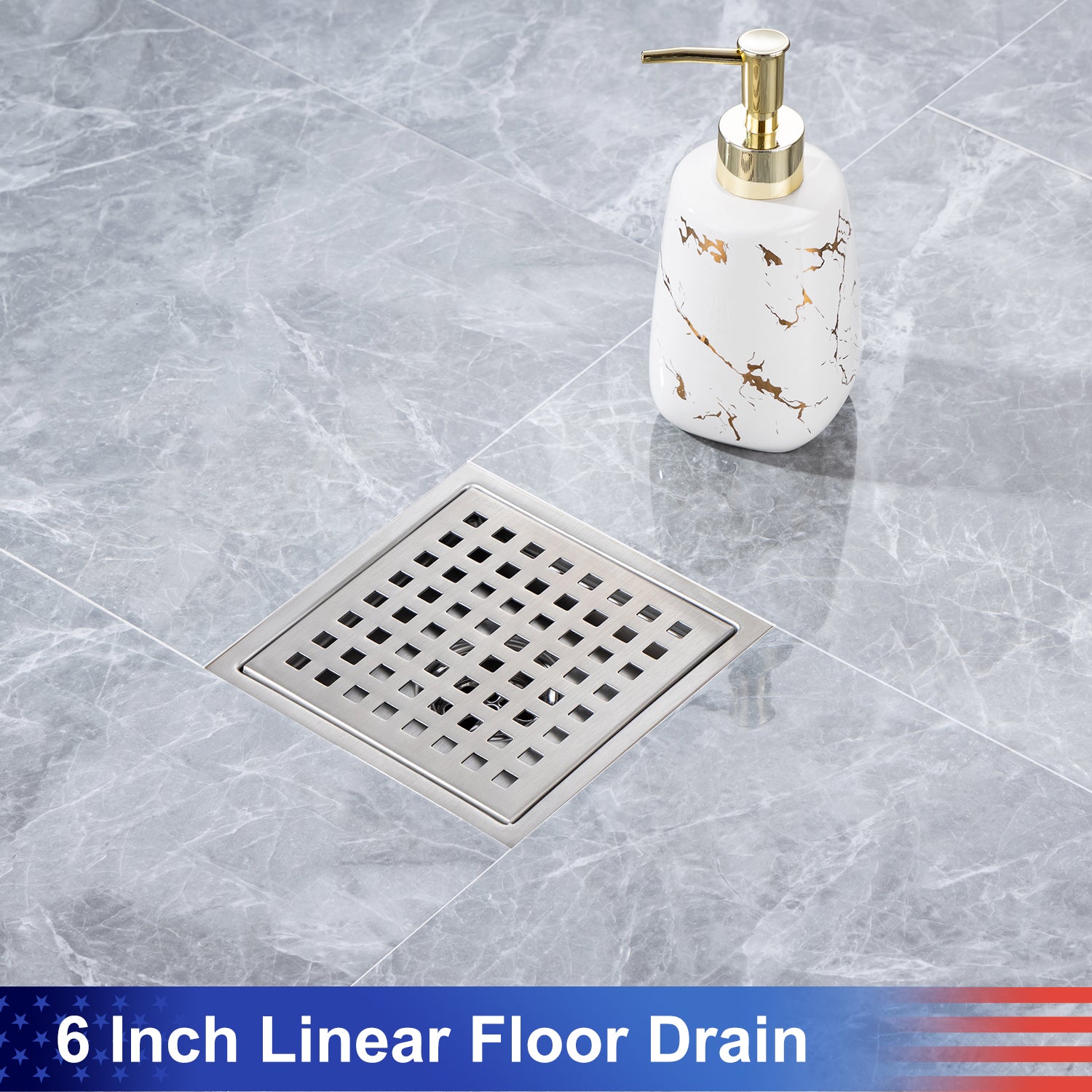 6" Square Grid Shower Drain, Brushed Nickel