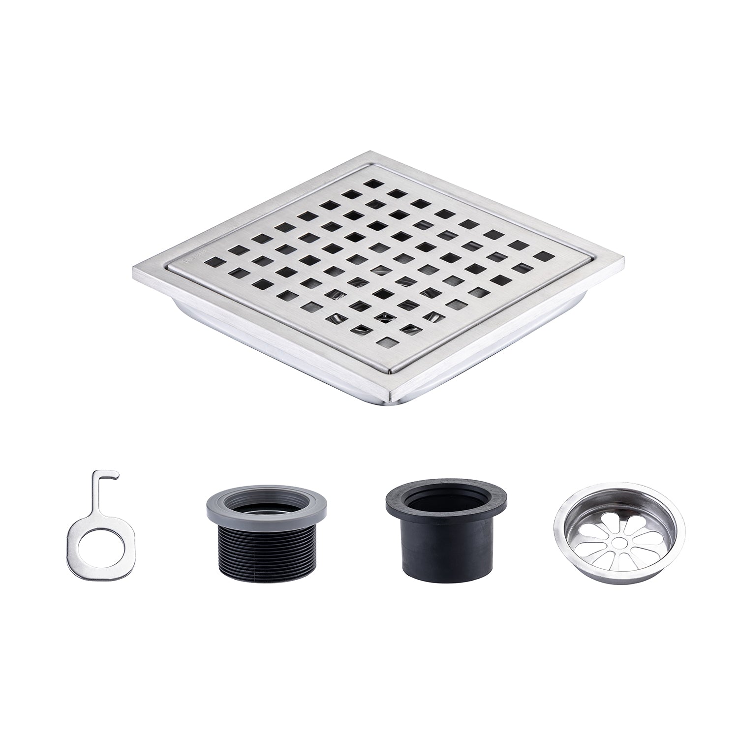 6" Square Grid Shower Drain, Brushed Nickel