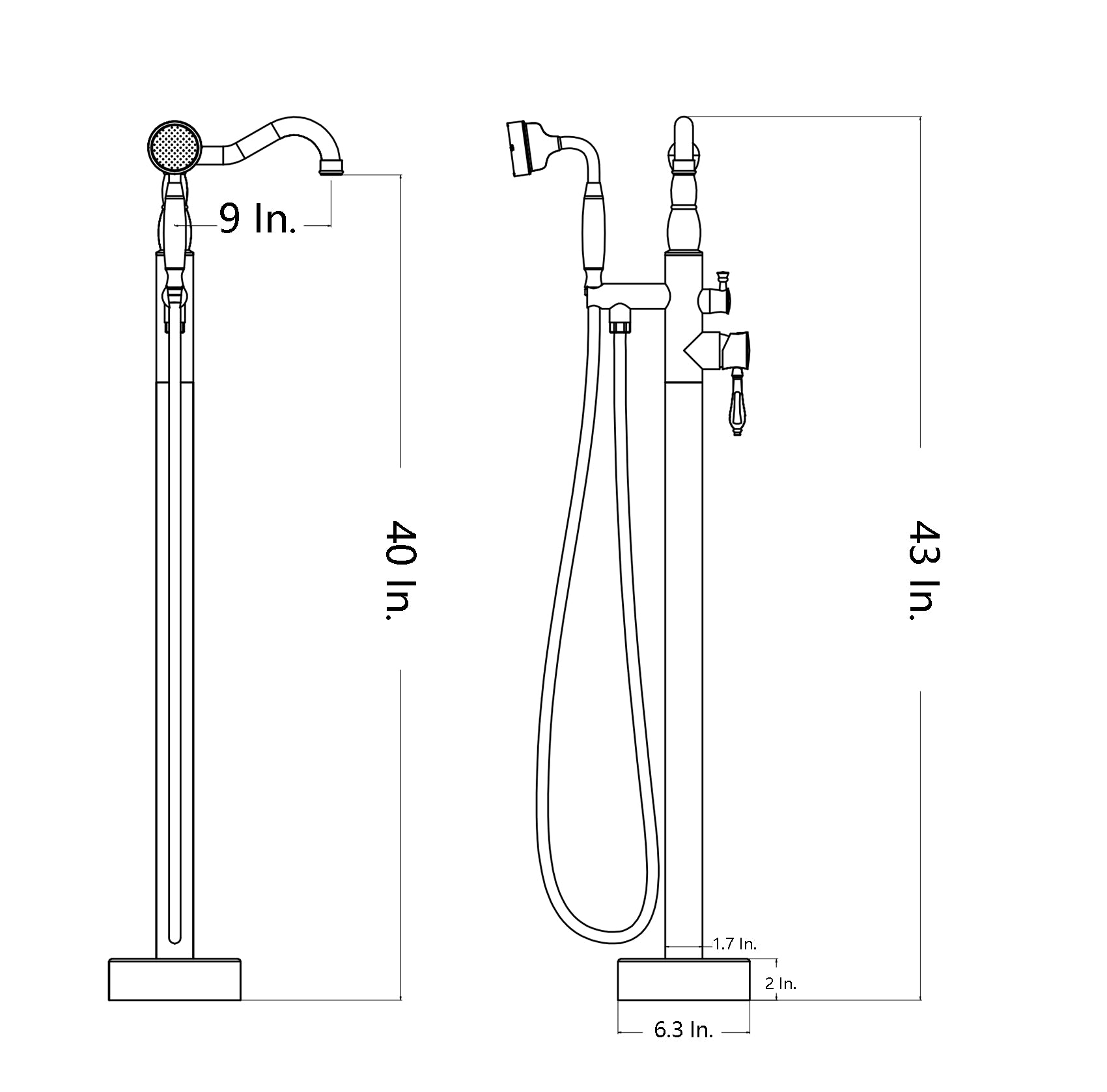 Sizes of Single Handle Floor Mounted Clawfoot Tub Faucet.