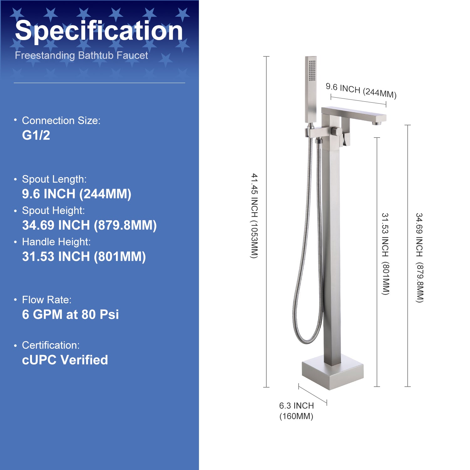 Single Handle Floor Mounted Clawfoot Tub Faucet with Handheld Shower RX8010