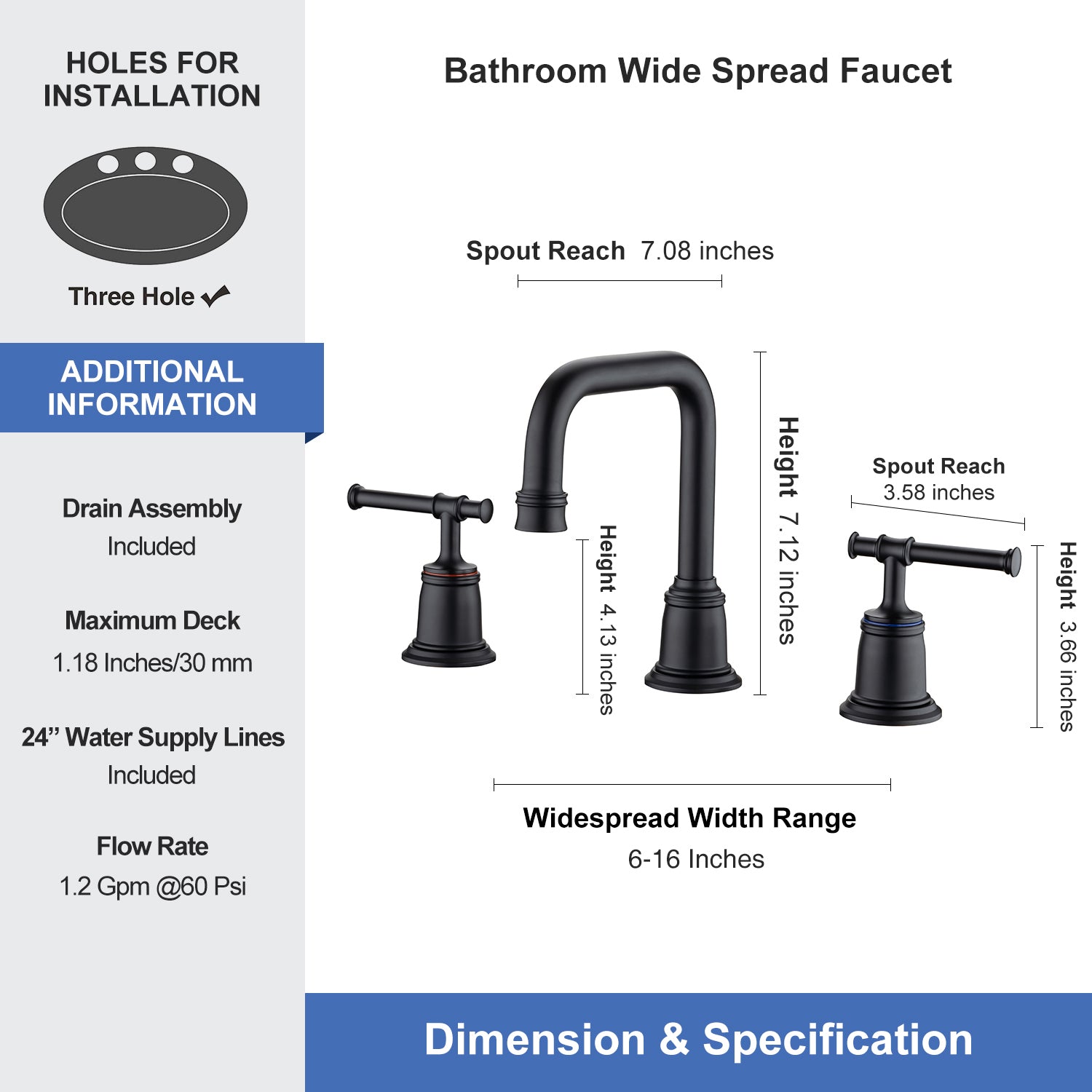 [Rainlex RX83008]Widespread Faucet 2-handle Bathroom Faucet with Drain Assembly