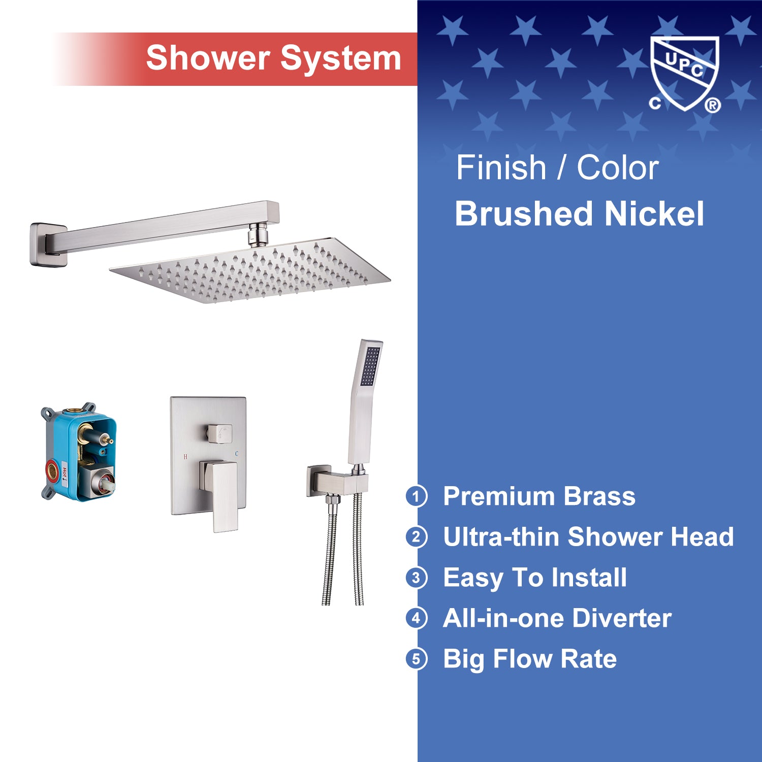 10" Shower Head 2-way Wall-Mount Square Shower Faucet with Rough-in Valve RX93102-10