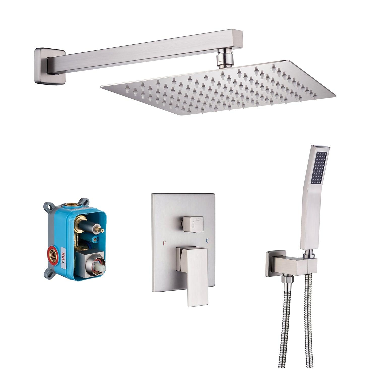 10" Shower Head 2-way Wall-Mount Square Shower Faucet with Rough-in Valve RX93102-10