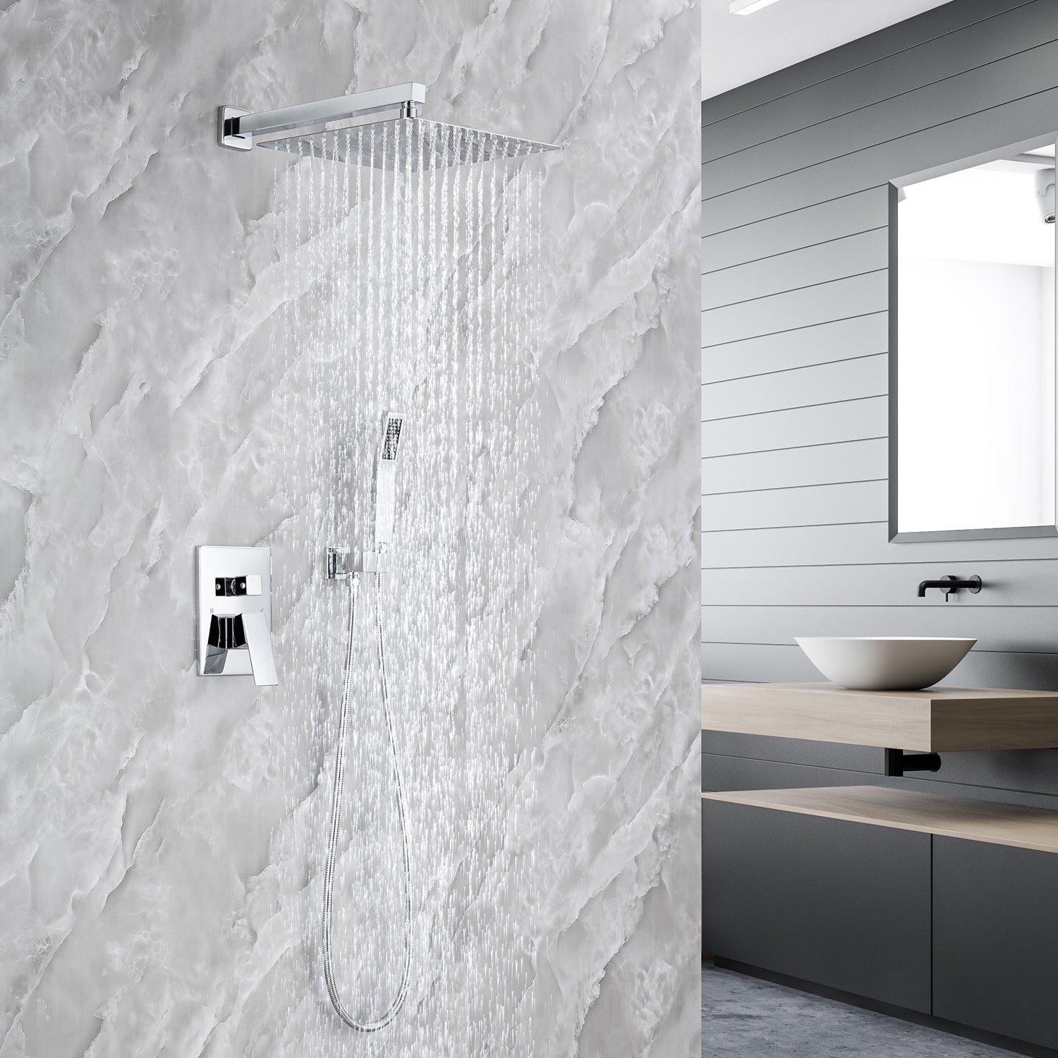 Pommeau de douche carré à 2 voies et montage mural de 10 po avec robinet à montage brut RX93102-10
