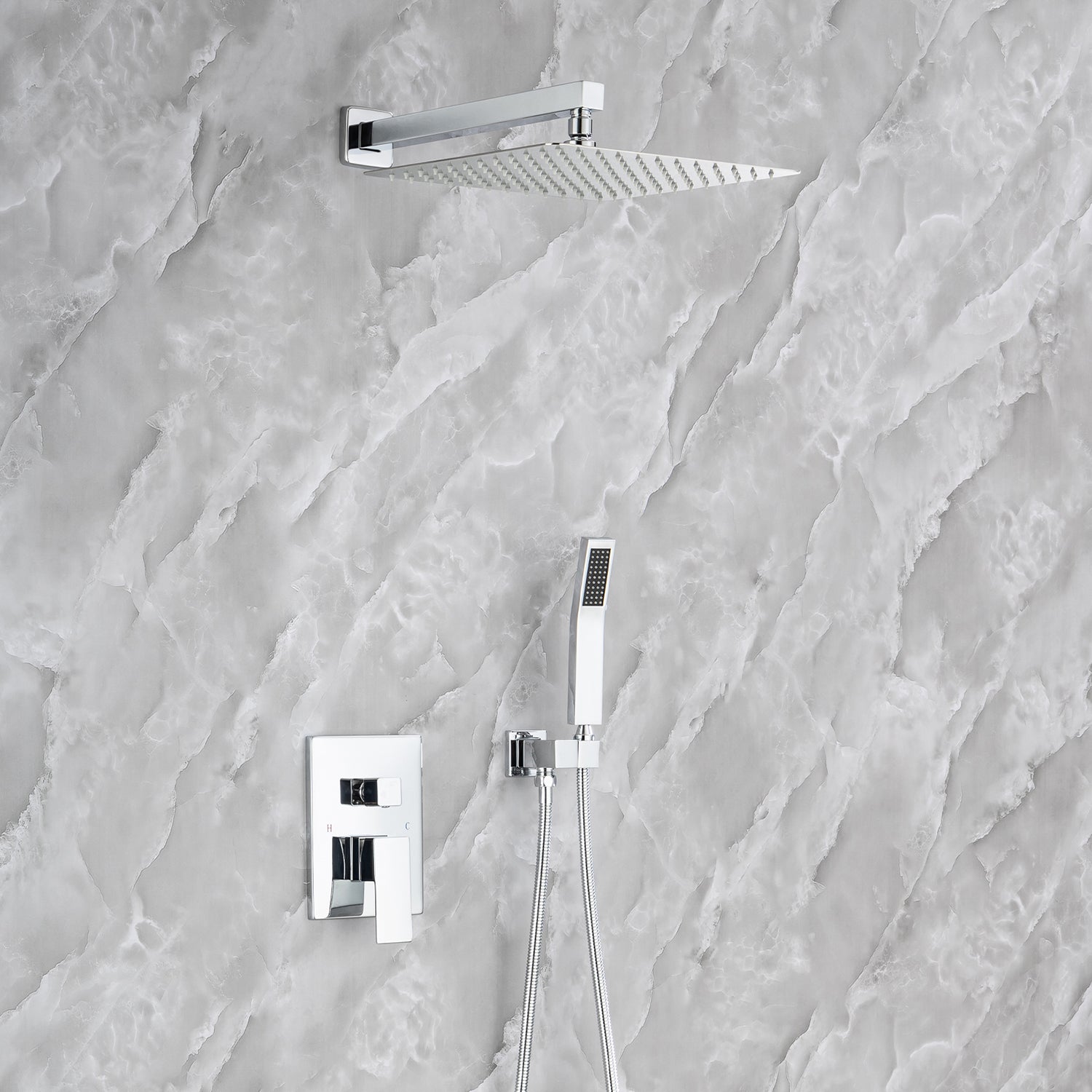 Pommeau de douche carré à 2 voies et montage mural de 10 po avec robinet à montage brut RX93102-10
