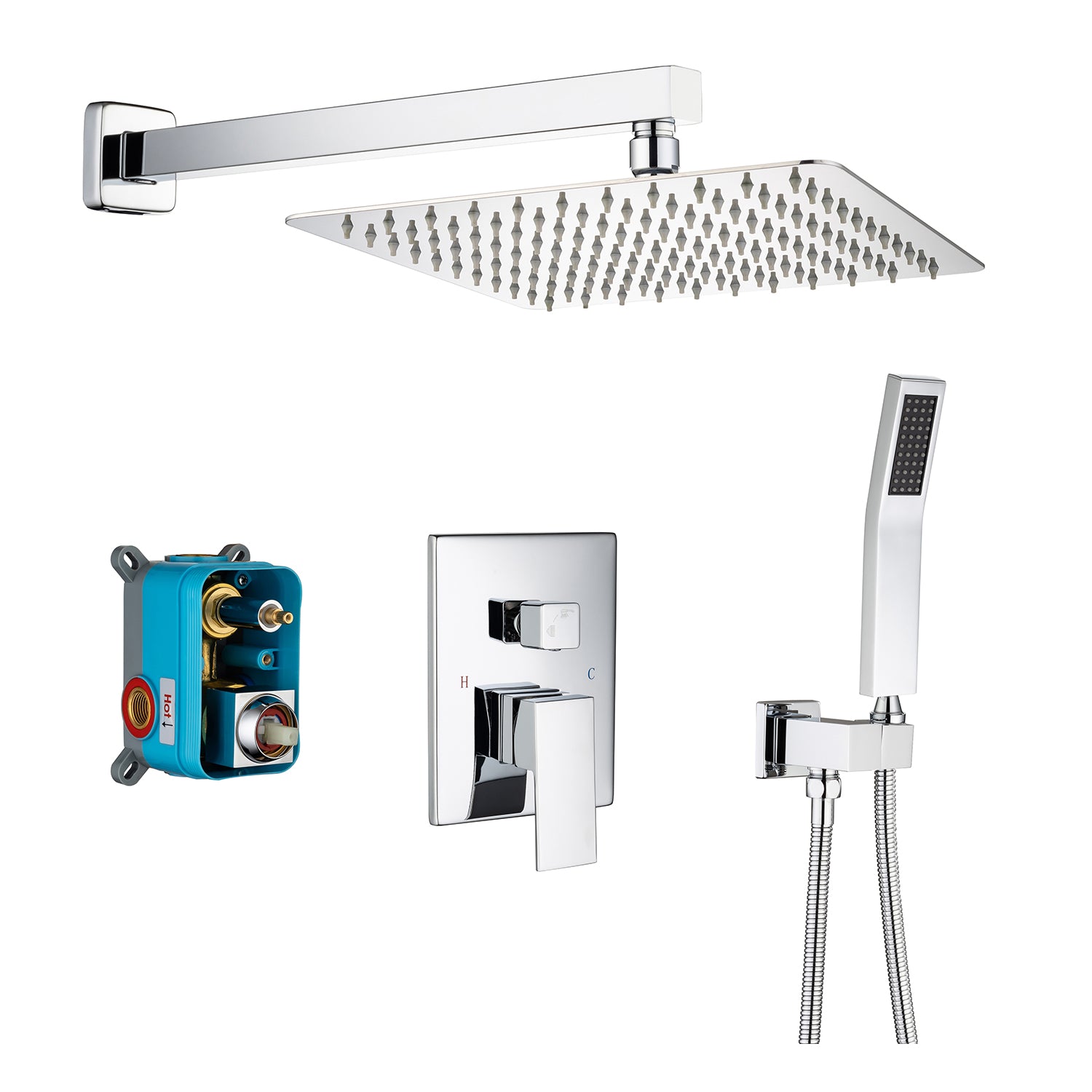 Pommeau de douche carré à 2 voies et montage mural de 10 po avec robinet à montage brut RX93102-10