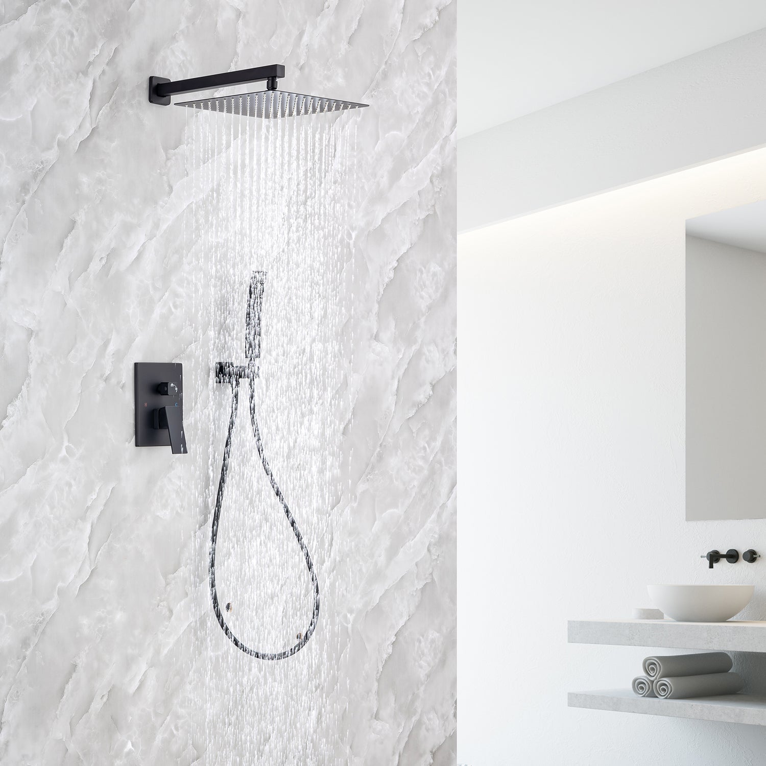 Pommeau de douche carré à 2 voies et montage mural de 10 po avec robinet à montage brut RX93102-10