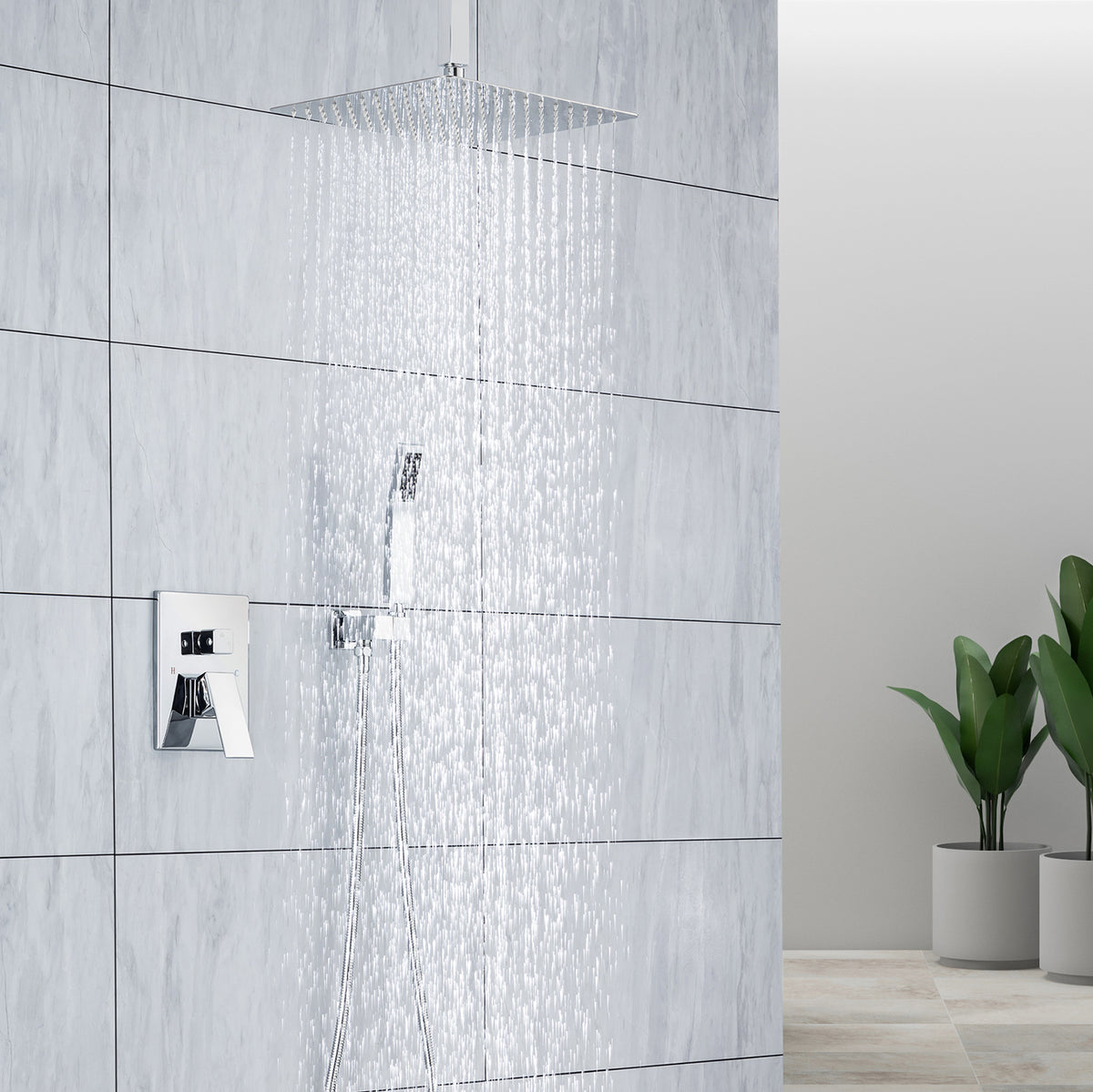 Pommeau de douche carré à 2 voies de 12 po avec robinet de montage au plafond et valve brute RX95102-12