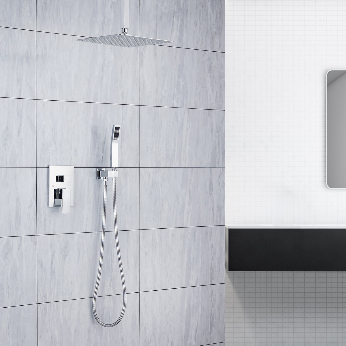 Pommeau de douche carré à 2 voies de 12 po avec robinet de montage au plafond et valve brute RX95102-12