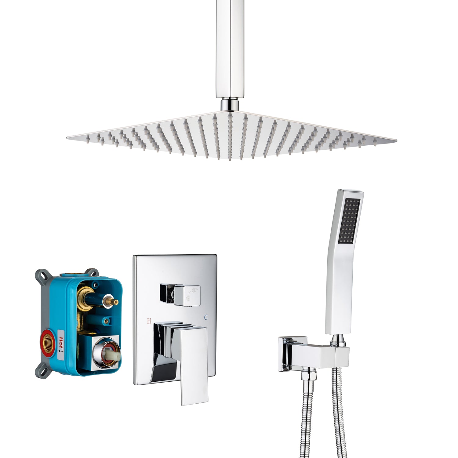 Pommeau de douche carré à 2 voies de 12 po avec robinet de montage au plafond et valve brute RX95102-12
