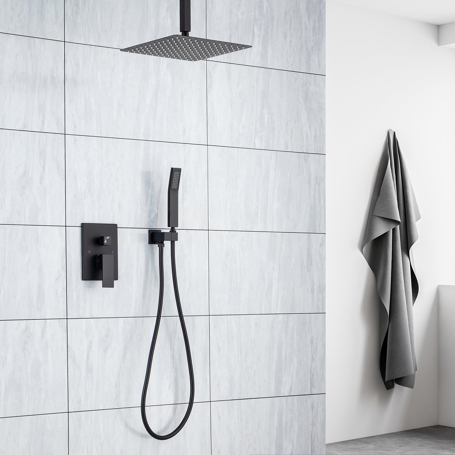 Pommeau de douche carré à 2 voies de 12 po avec robinet de montage au plafond et valve brute RX95102-12