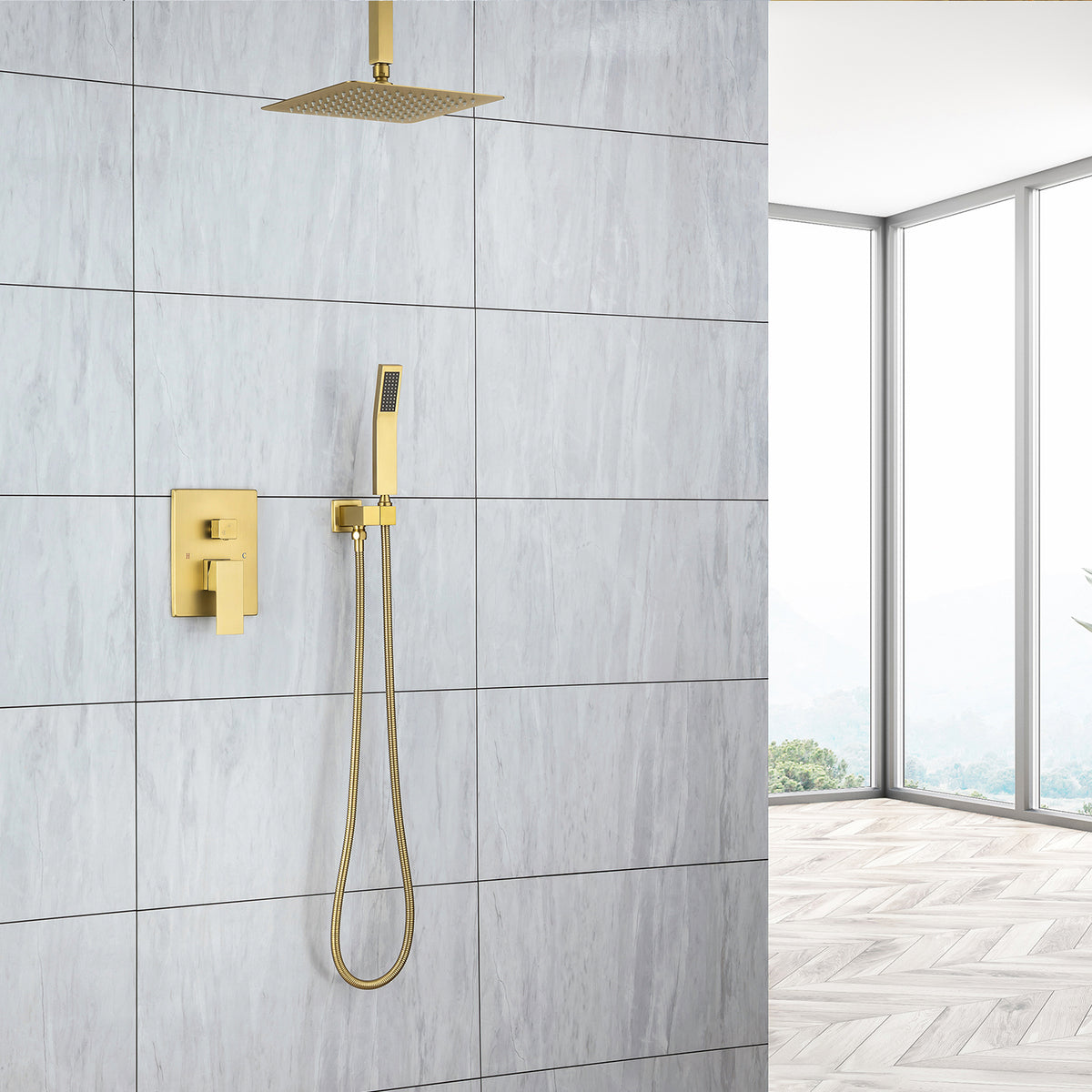 Pommeau de douche carré à 2 voies de 12 po avec robinet de montage au plafond et valve brute RX95102-12
