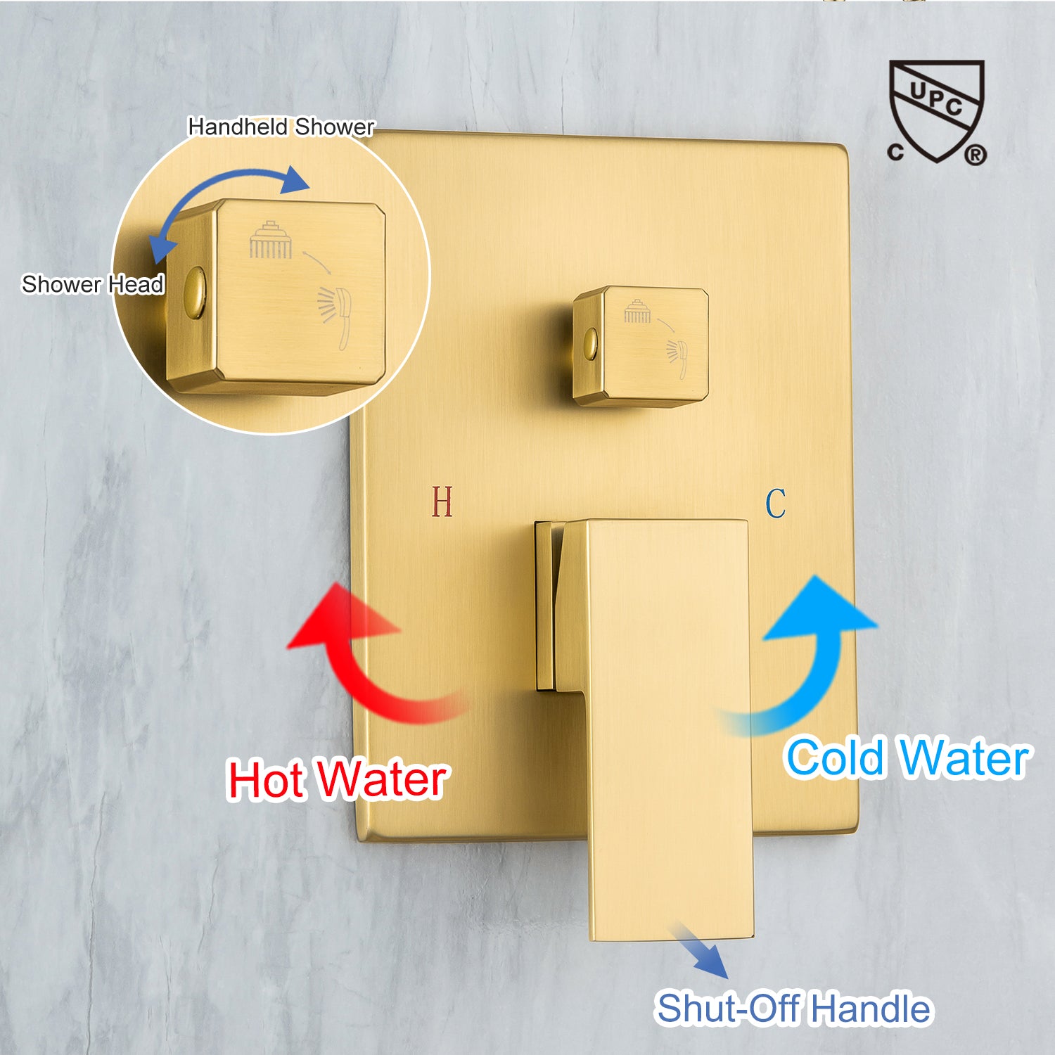 Pommeau de douche carré à 2 voies de 12 po avec robinet de montage au plafond et valve brute RX95102-12