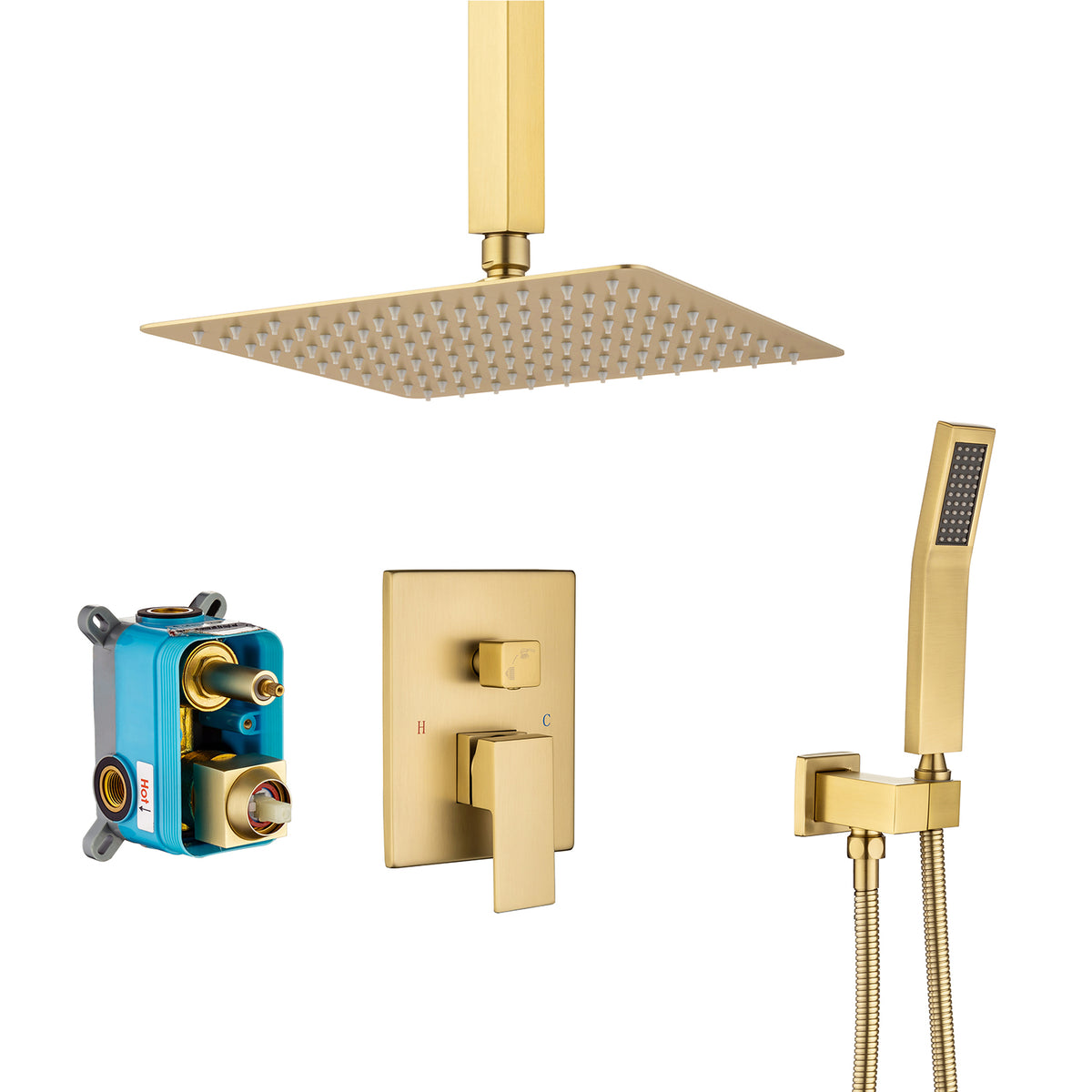 Pommeau de douche carré à 2 voies de 12 po avec robinet de montage au plafond et valve brute RX95102-12
