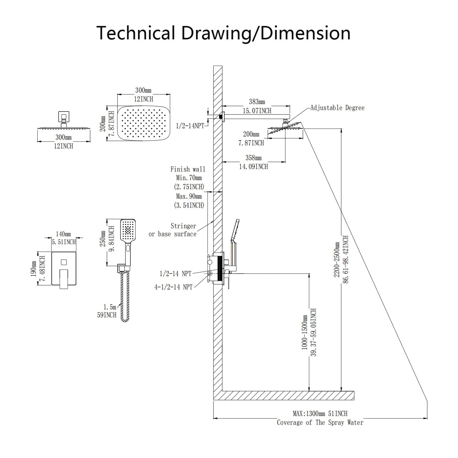 12" Square 2-Way Wall-Mount Shower System with Rough-in Valve (S97202)