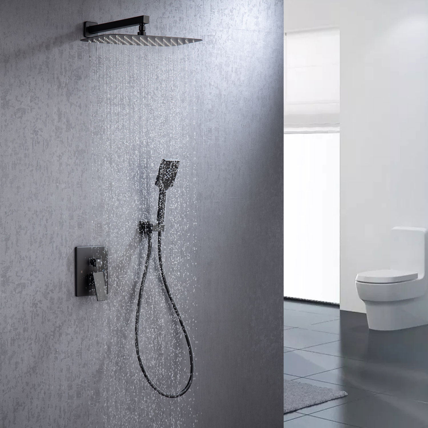 Pommeau de douche carré à 2 voies et montage mural de 12 po avec robinet d'arrêt RX97202-12