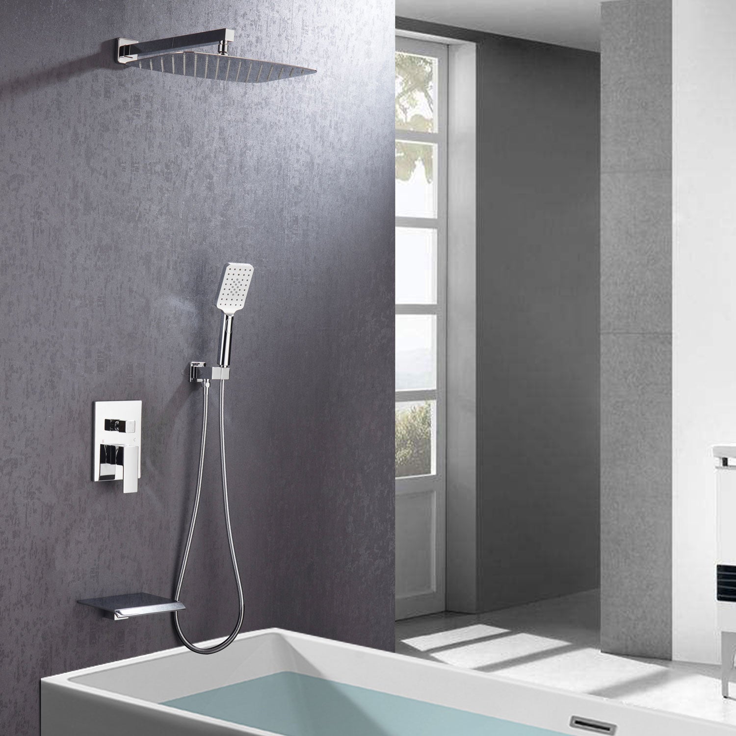 12" Square 3-Way Wall-Mount Shower System with Rough-in Valve