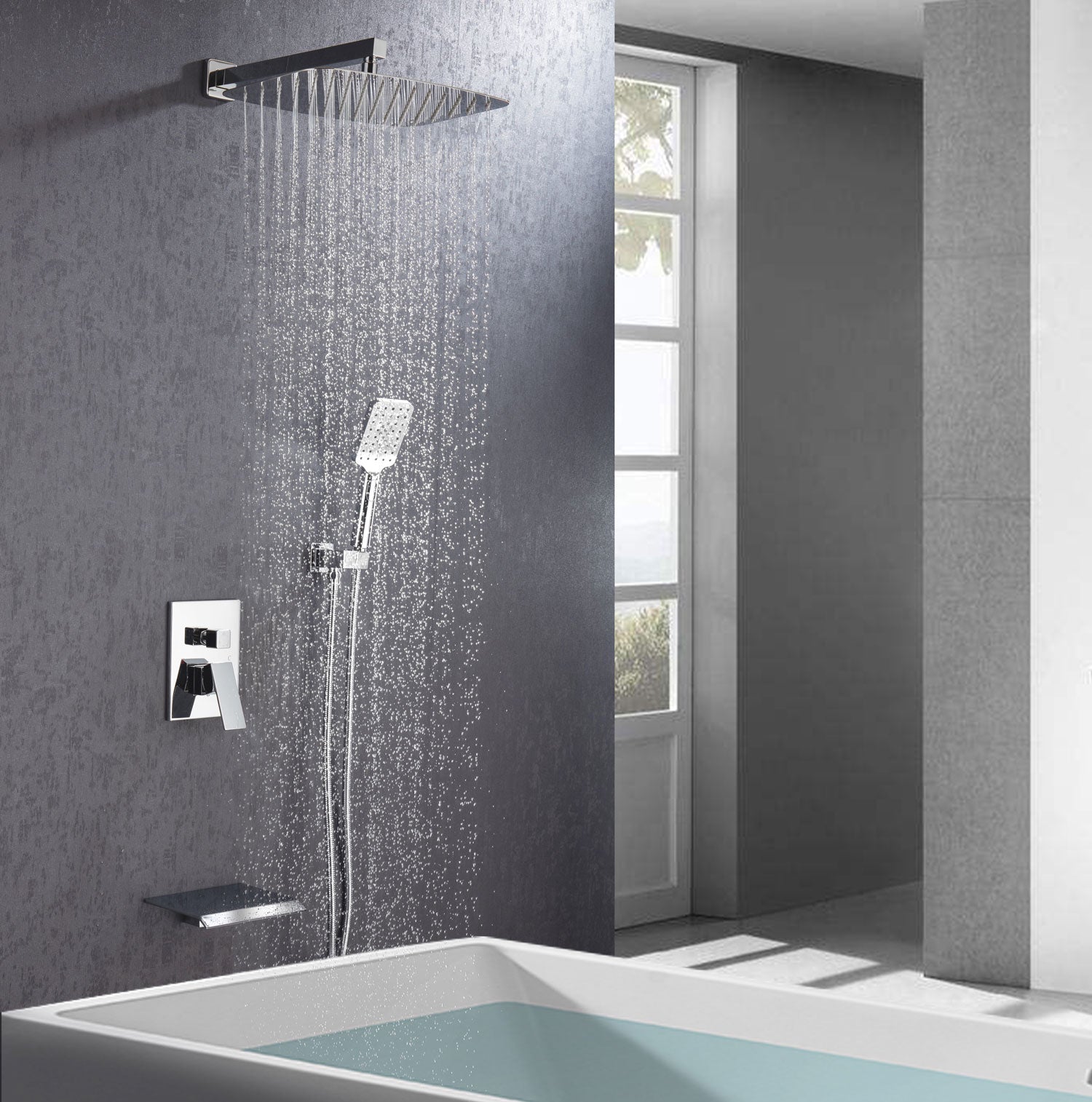 12" Square 3-Way Wall-Mount Shower System with Rough-in Valve