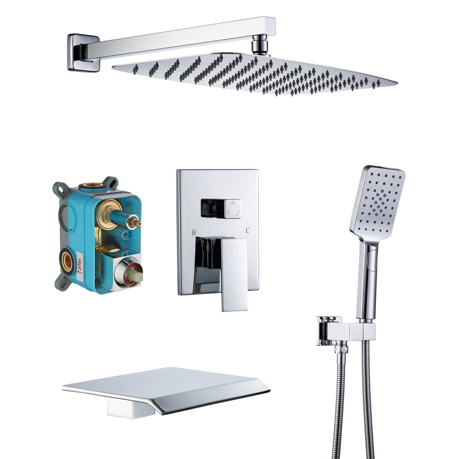 12" Square 3-Way Wall-Mount Shower System with Rough-in Valve