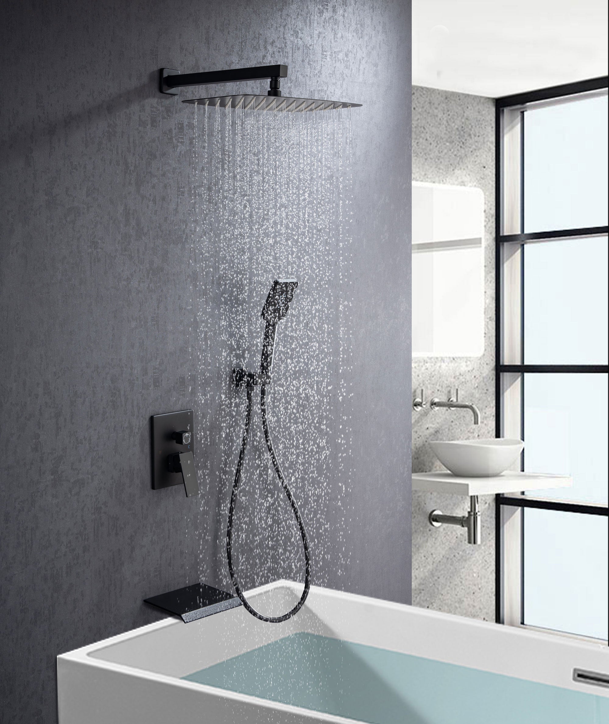 12" Square 3-Way Wall-Mount Shower System with Rough-in Valve