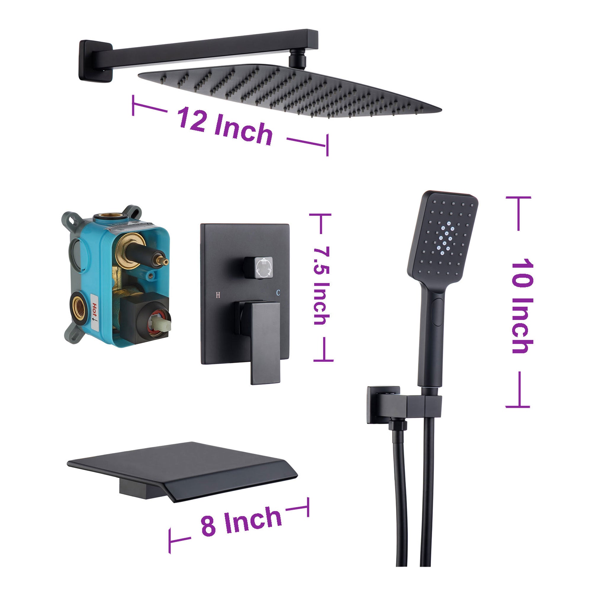12" Square 3-Way Wall-Mount Shower System with Rough-in Valve