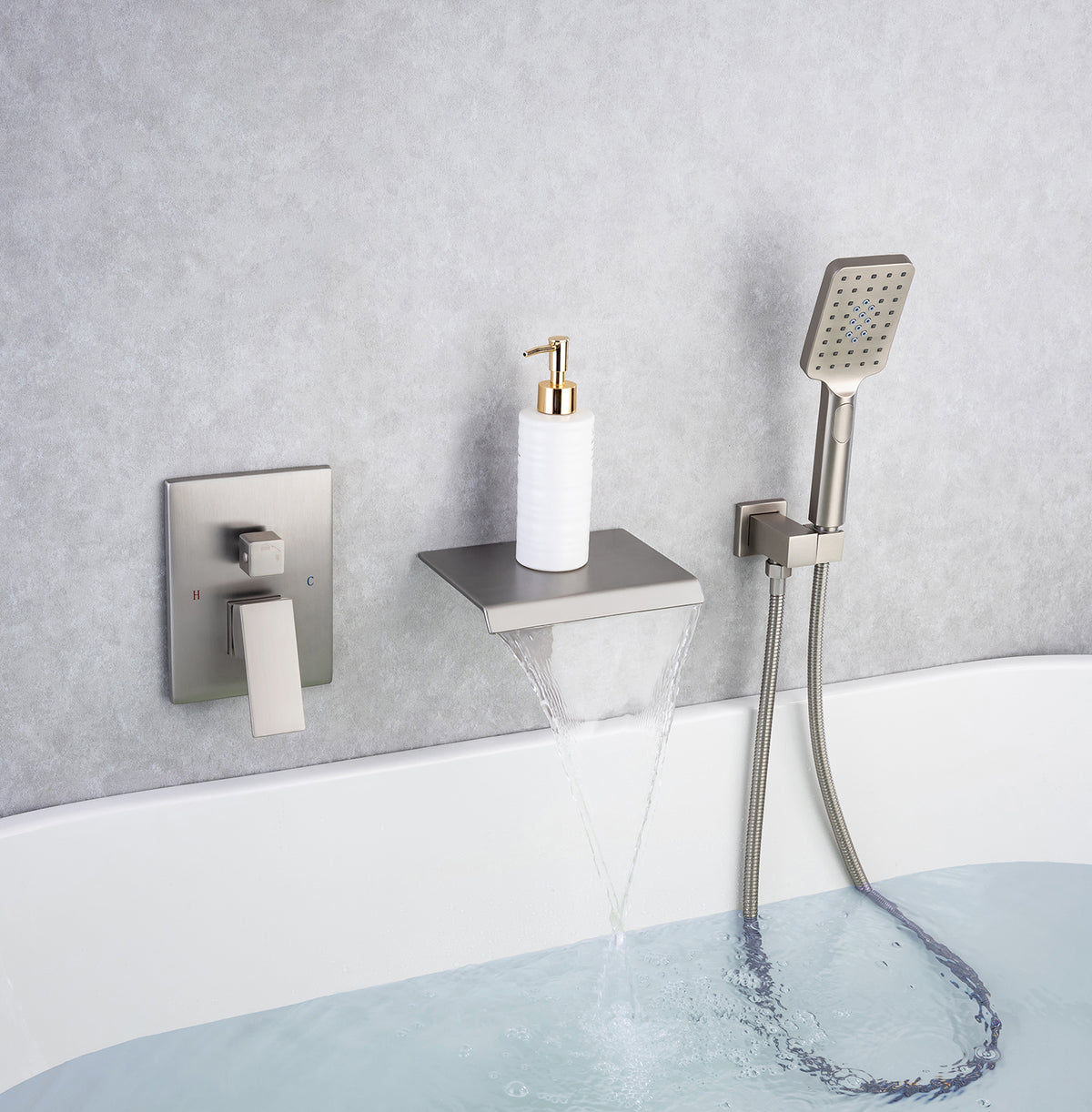 RAINLEX Single-Handle Wall-Mount Waterfall Tub Faucet with Handheld Shower