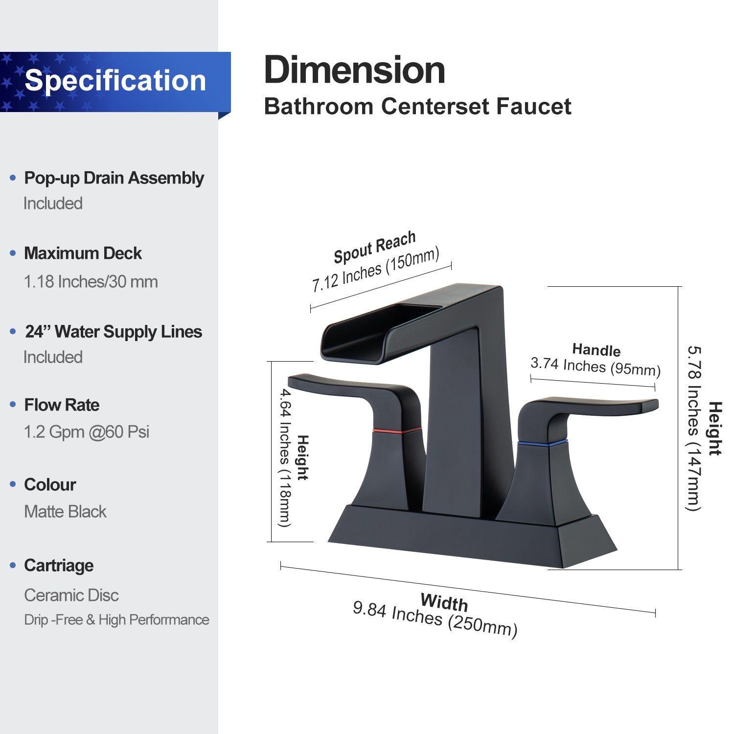 Rainlex 2-Handle Centerset Waterfall Bathroom Faucet with Drain Assembly