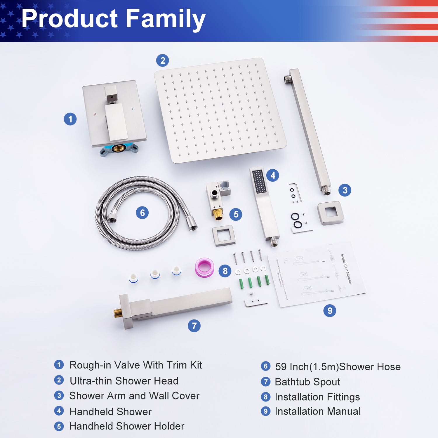 10" Square 3-Way Wall-Mount Shower System with Rough-in Valve (S93103)