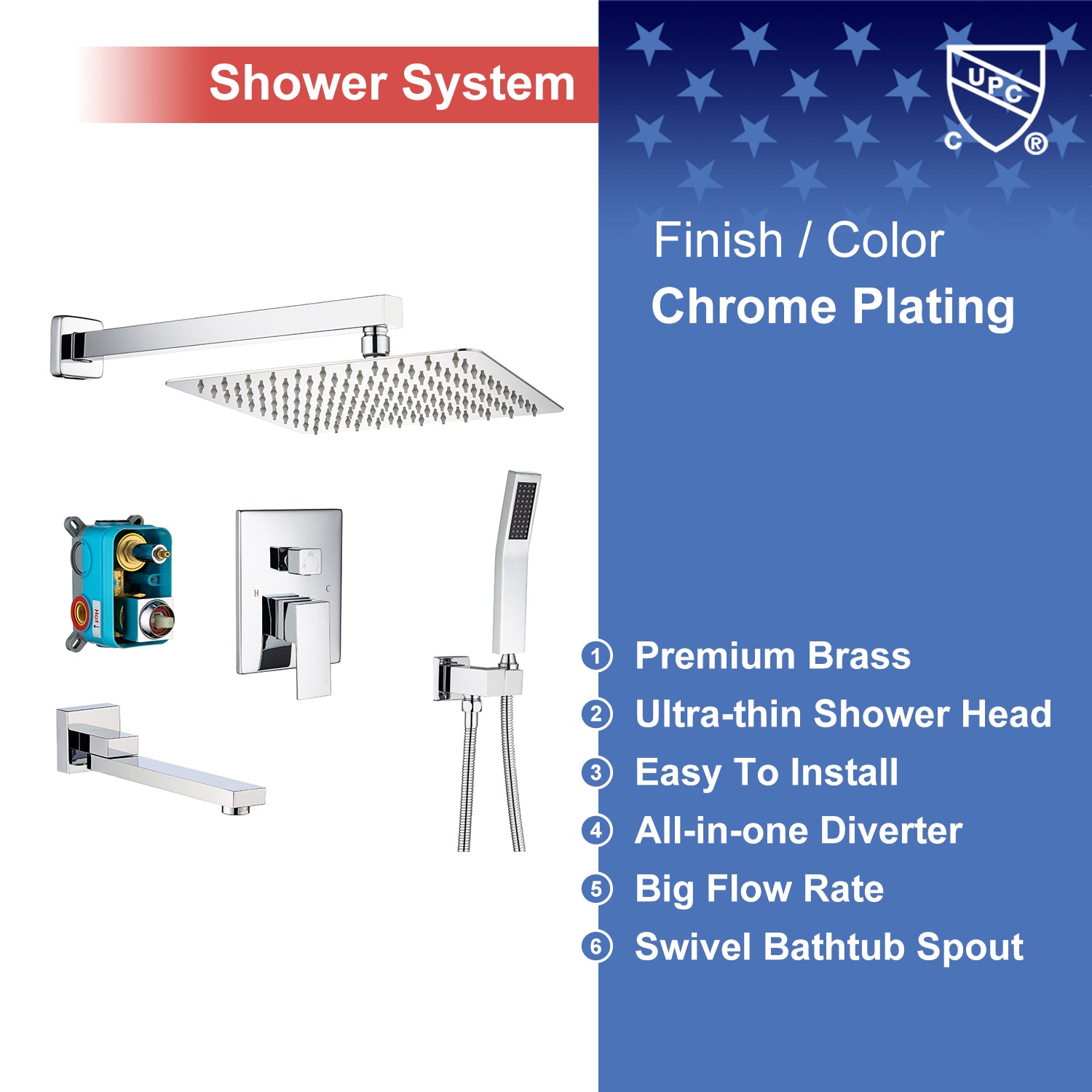 10" Shower Head 3-way Wall-Mount Square Shower Faucet with Rough-in Valve RX93103-10