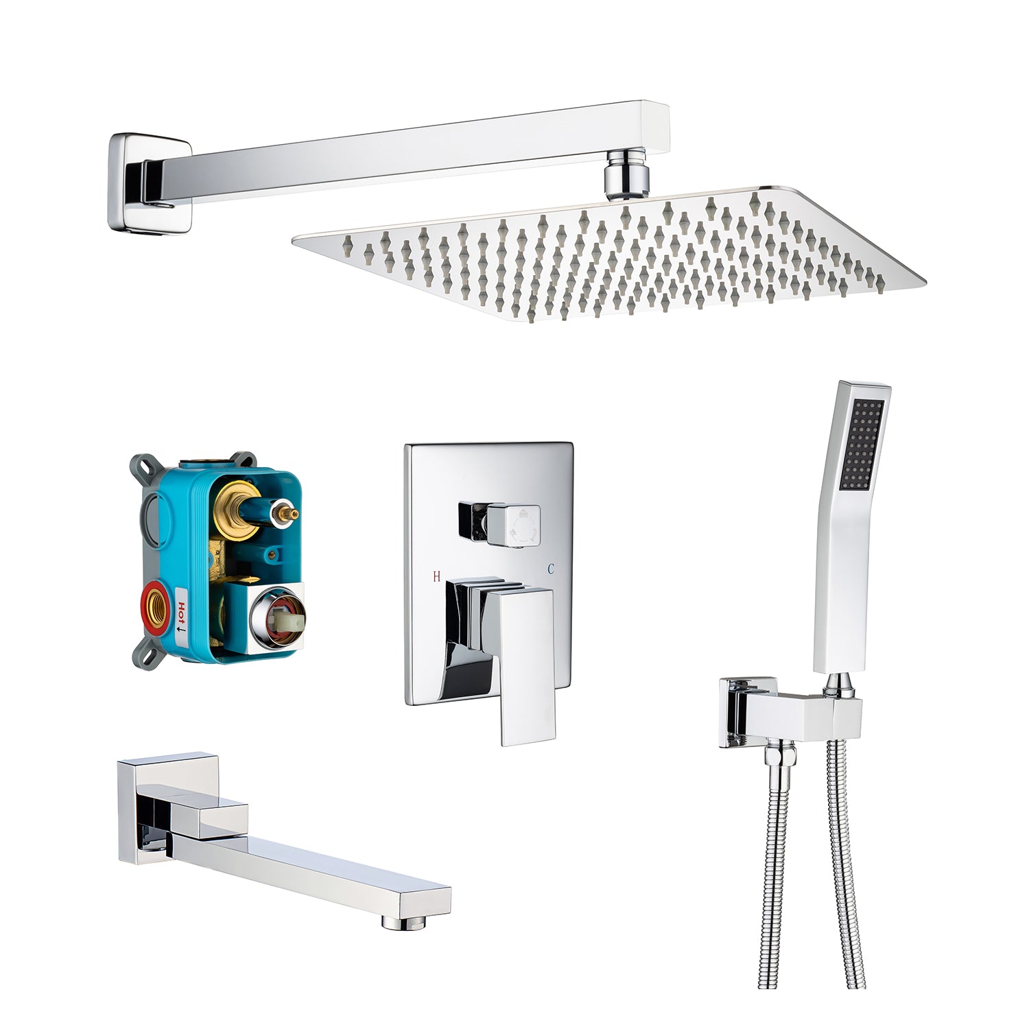 10" Shower Head 3-way Wall-Mount Square Shower Faucet with Rough-in Valve RX93103-10