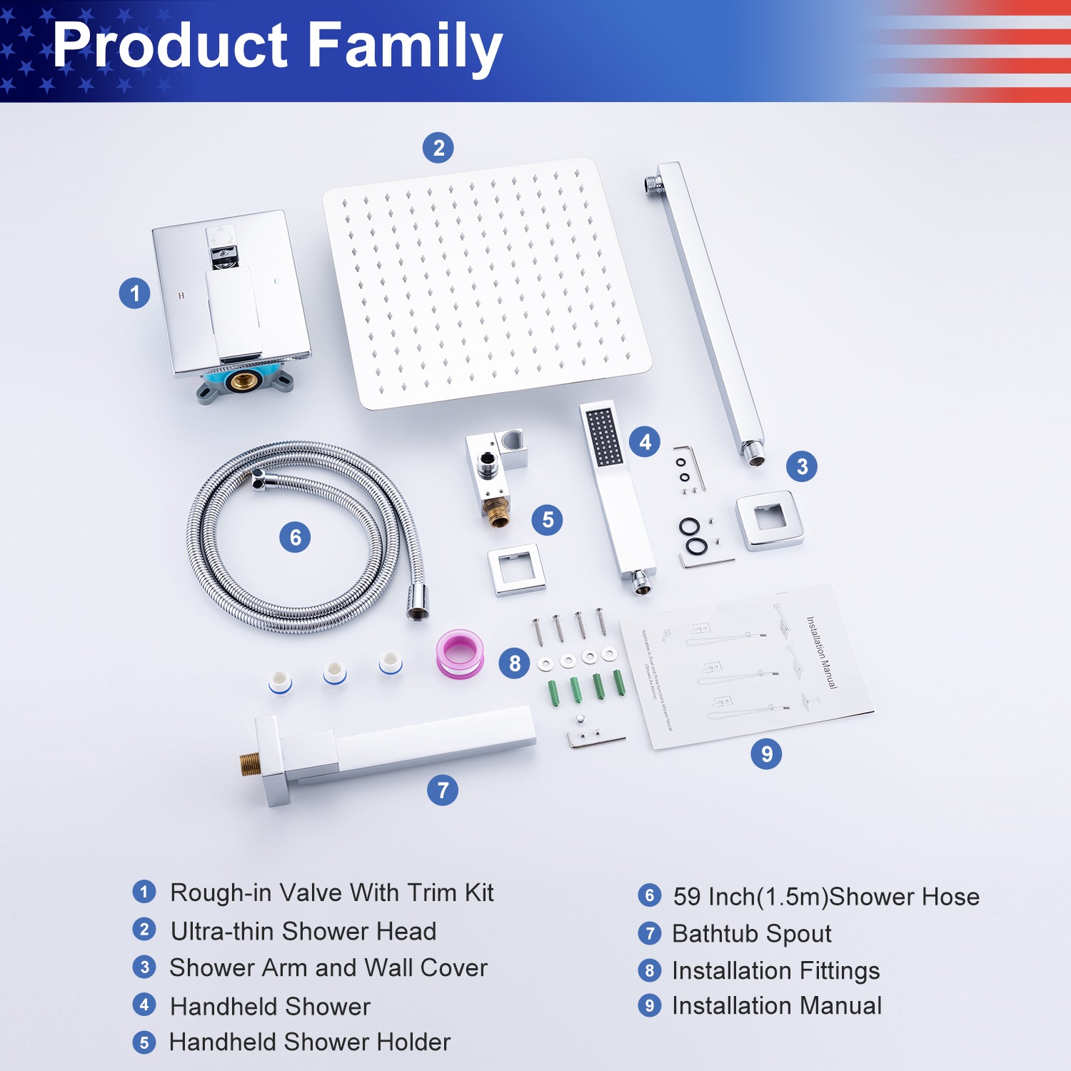 10" Square 3-Way Wall-Mount Shower System with Rough-in Valve (S93103)