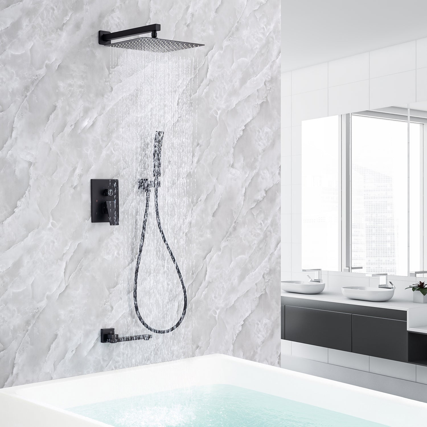 10" Shower Head 3-way Wall-Mount Square Shower Faucet with Rough-in Valve RX93103-10