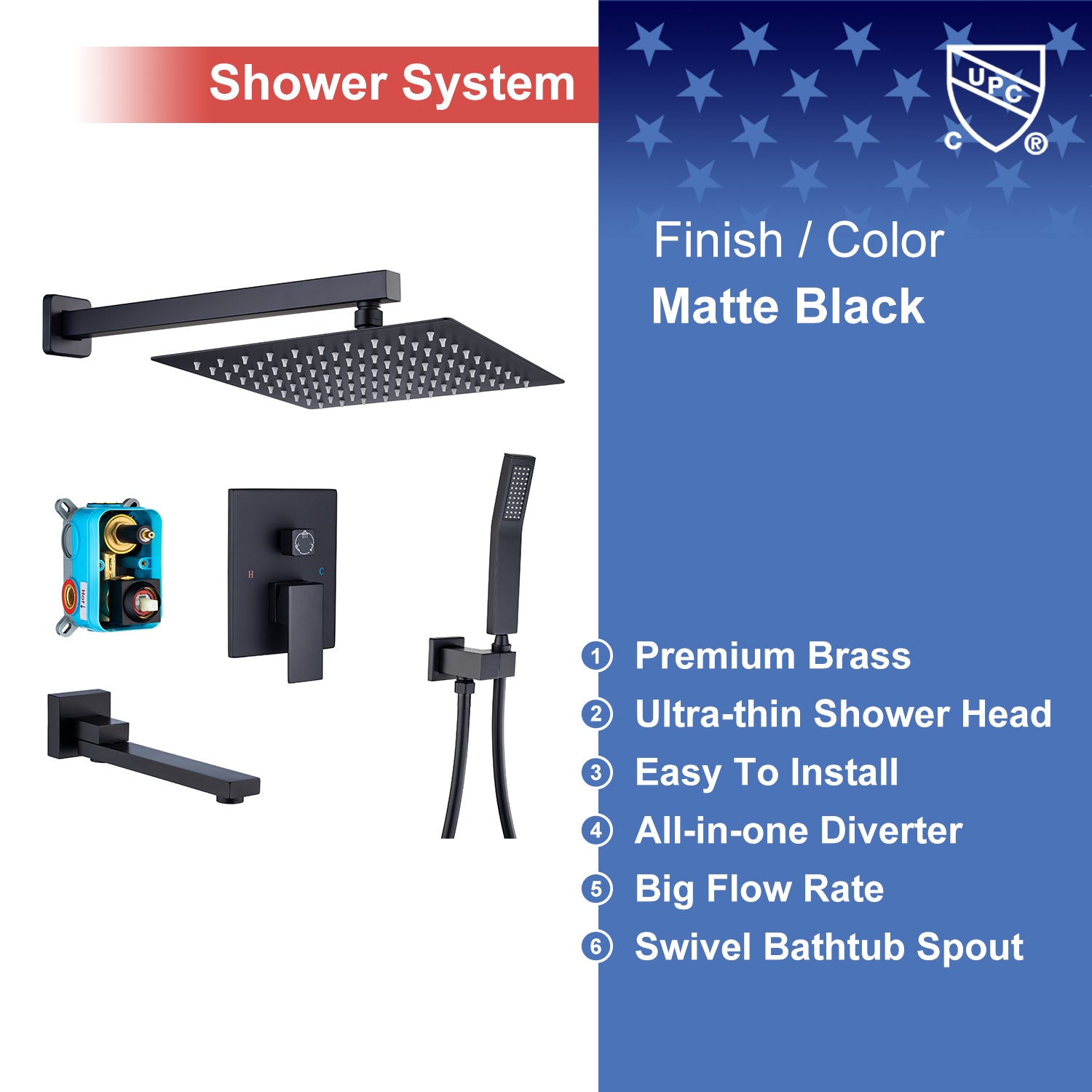 10" Square 3-Way Wall-Mount Shower System with Rough-in Valve (S93103)