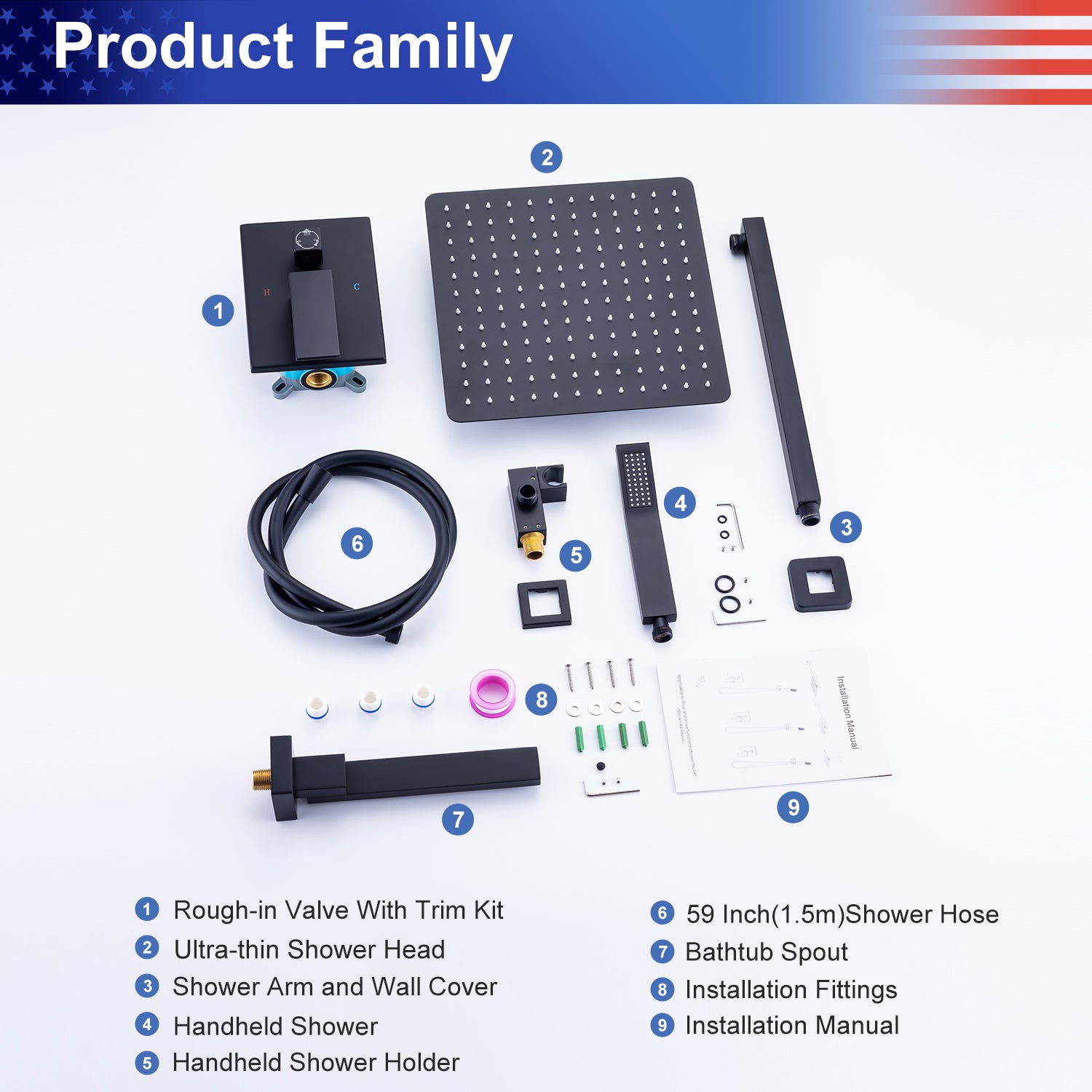 10" Square 3-Way Wall-Mount Shower System with Rough-in Valve (S93103)
