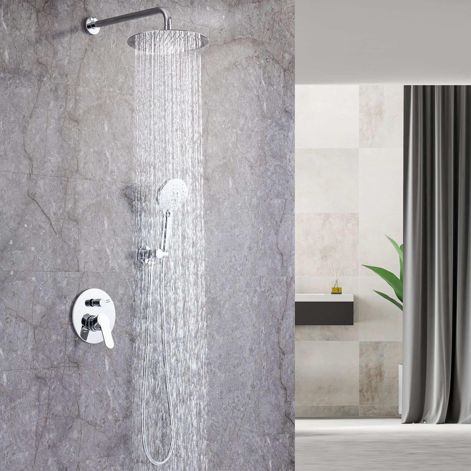 Pommeau de douche rond à 2 voies et montage mural de 10 po avec valve brute RX96202-10