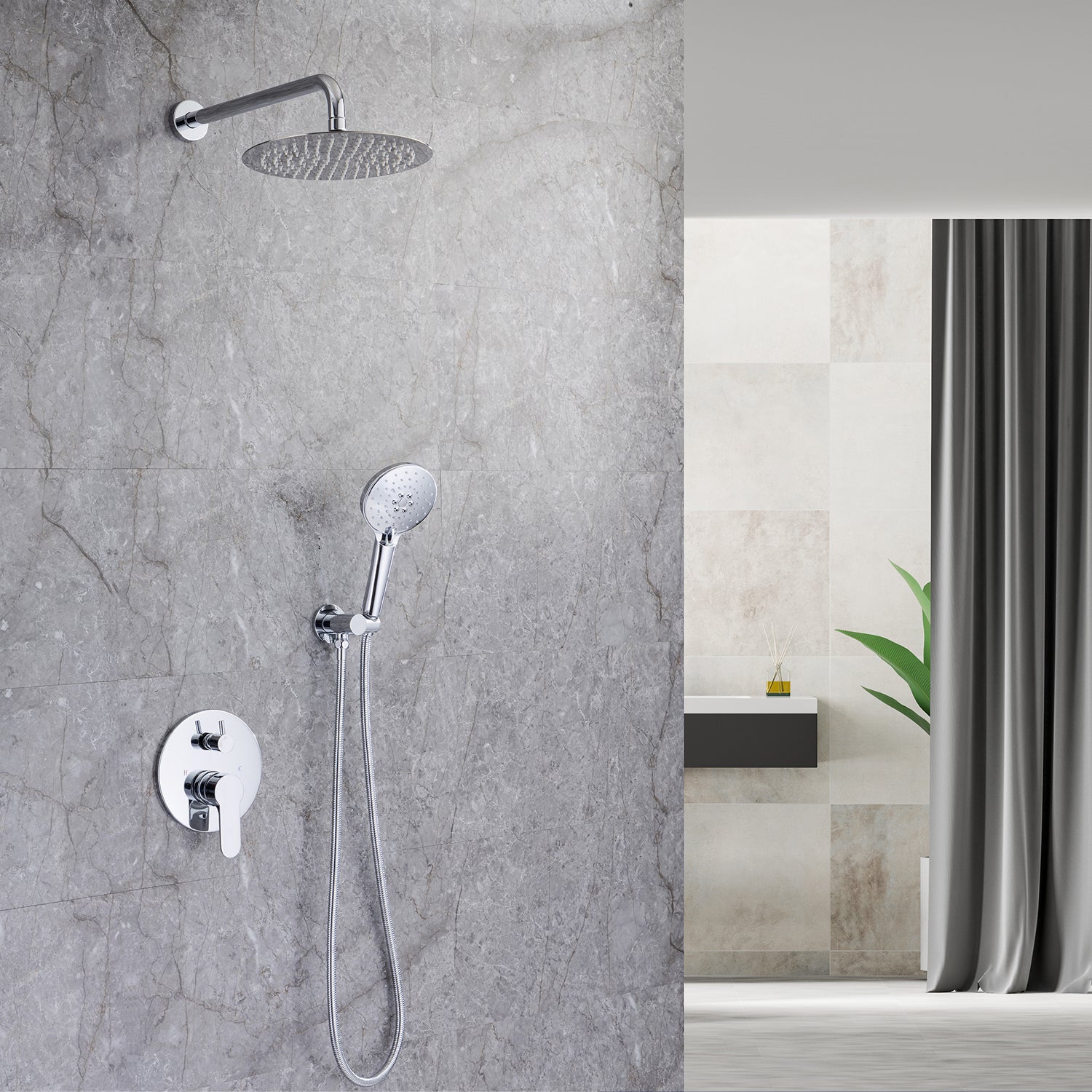 Pommeau de douche rond à 2 voies et montage mural de 10 po avec valve brute RX96202-10