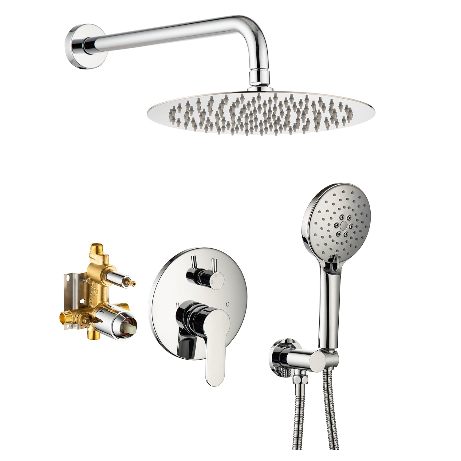 Pommeau de douche rond à 2 voies et montage mural de 10 po avec valve brute RX96202-10