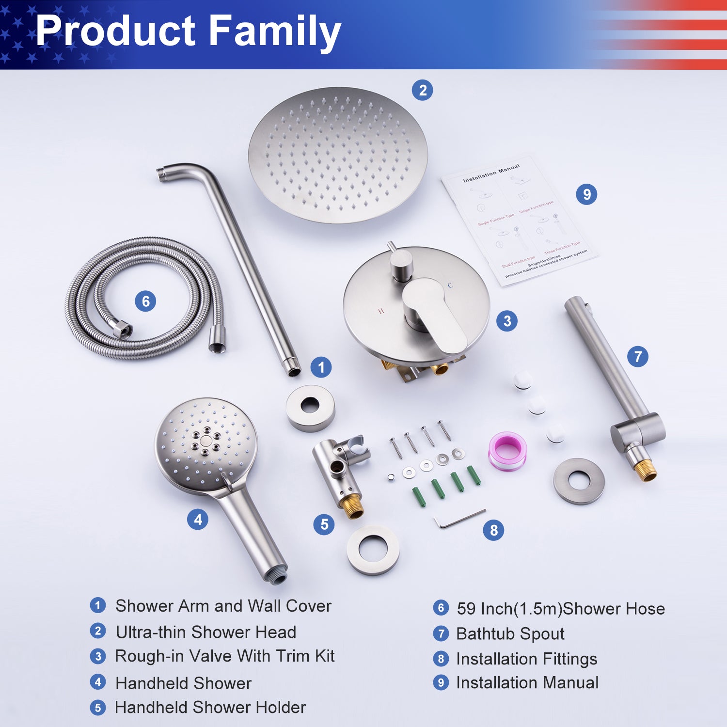 Rainlex faucet with rough-in valve and control handles