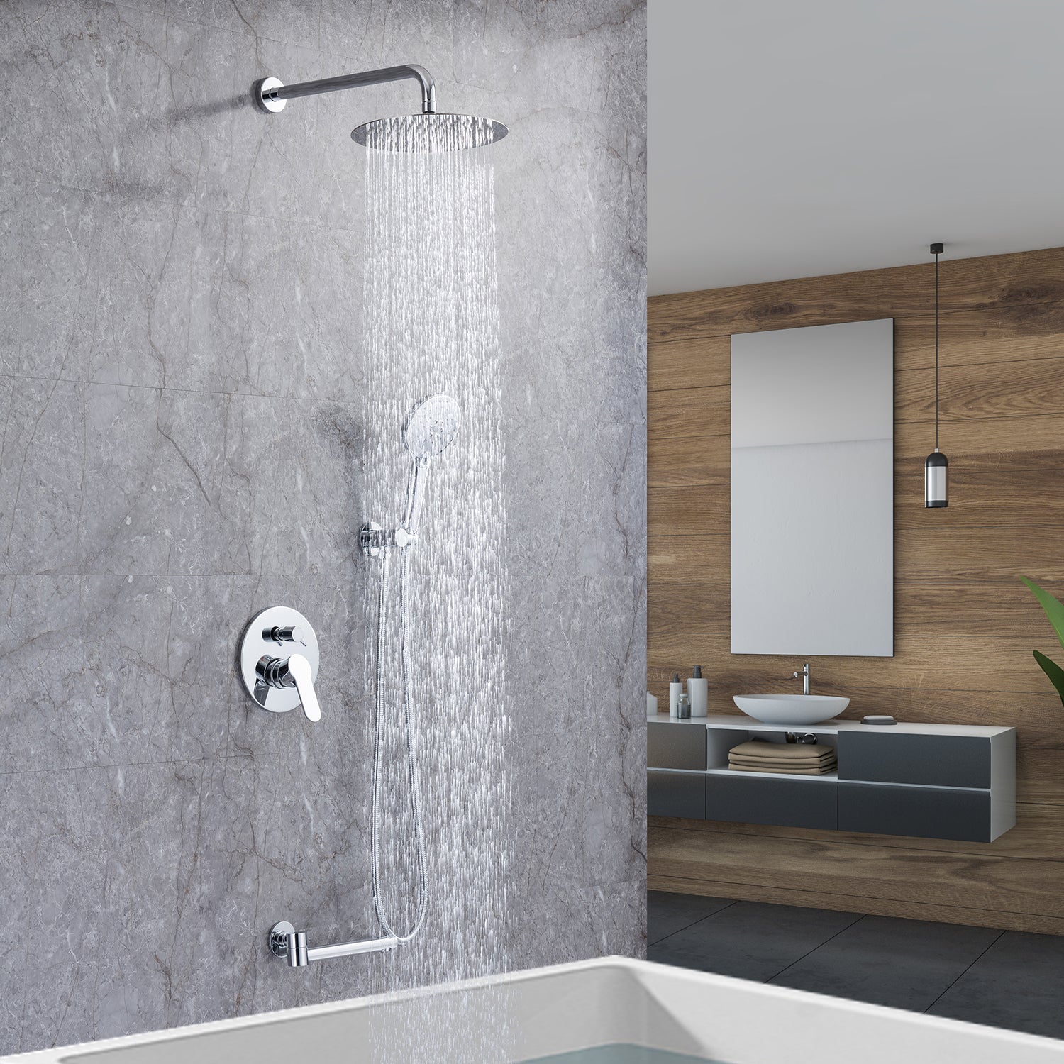 Pommeau de douche de 10 po, robinet de douche rond à 3 voies à montage mural avec valve brute RX96203-10