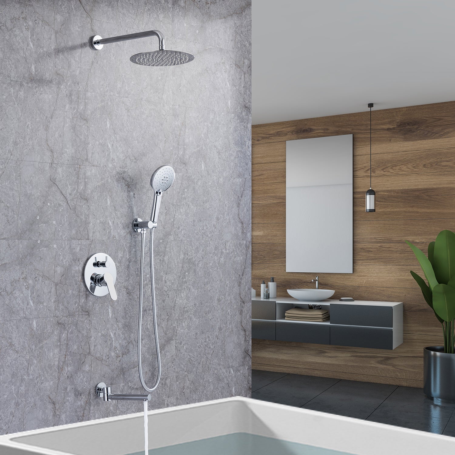 Pommeau de douche de 10 po, robinet de douche rond à 3 voies à montage mural avec valve brute RX96203-10