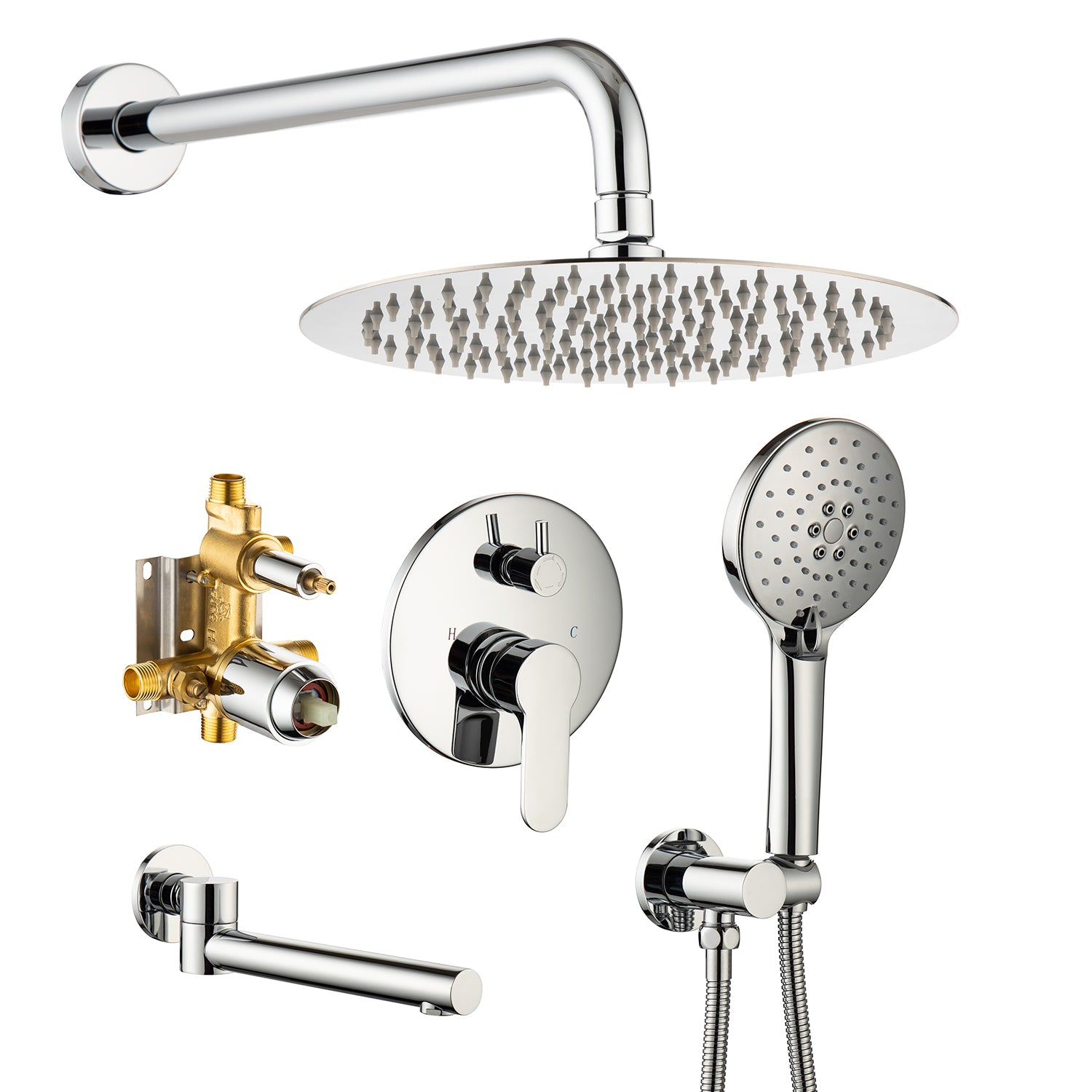 Pommeau de douche de 10 po, robinet de douche rond à 3 voies à montage mural avec valve brute RX96203-10