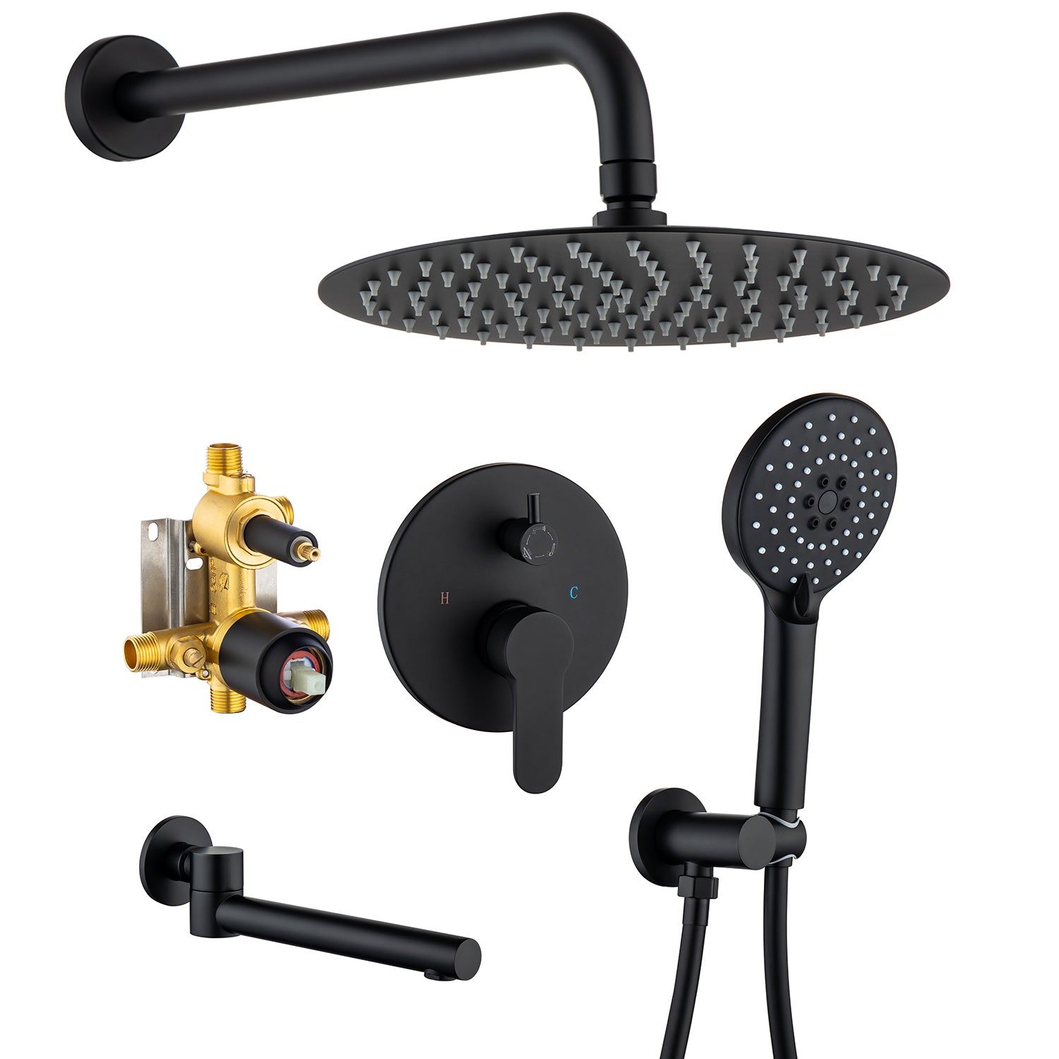 Pommeau de douche de 10 po, robinet de douche rond à 3 voies à montage mural avec valve brute RX96203-10
