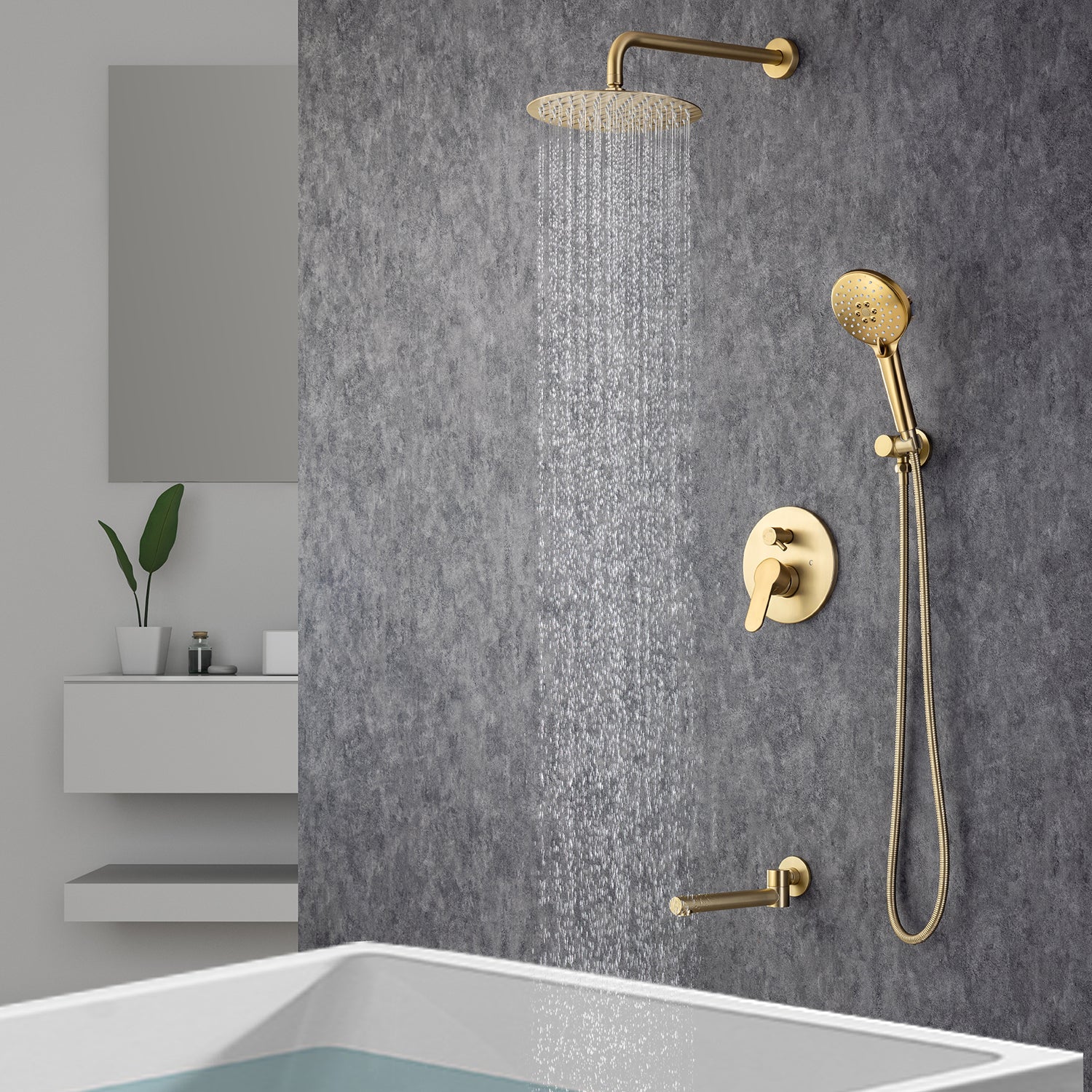 Pommeau de douche de 10 po, robinet de douche rond à 3 voies à montage mural avec valve brute RX96203-10