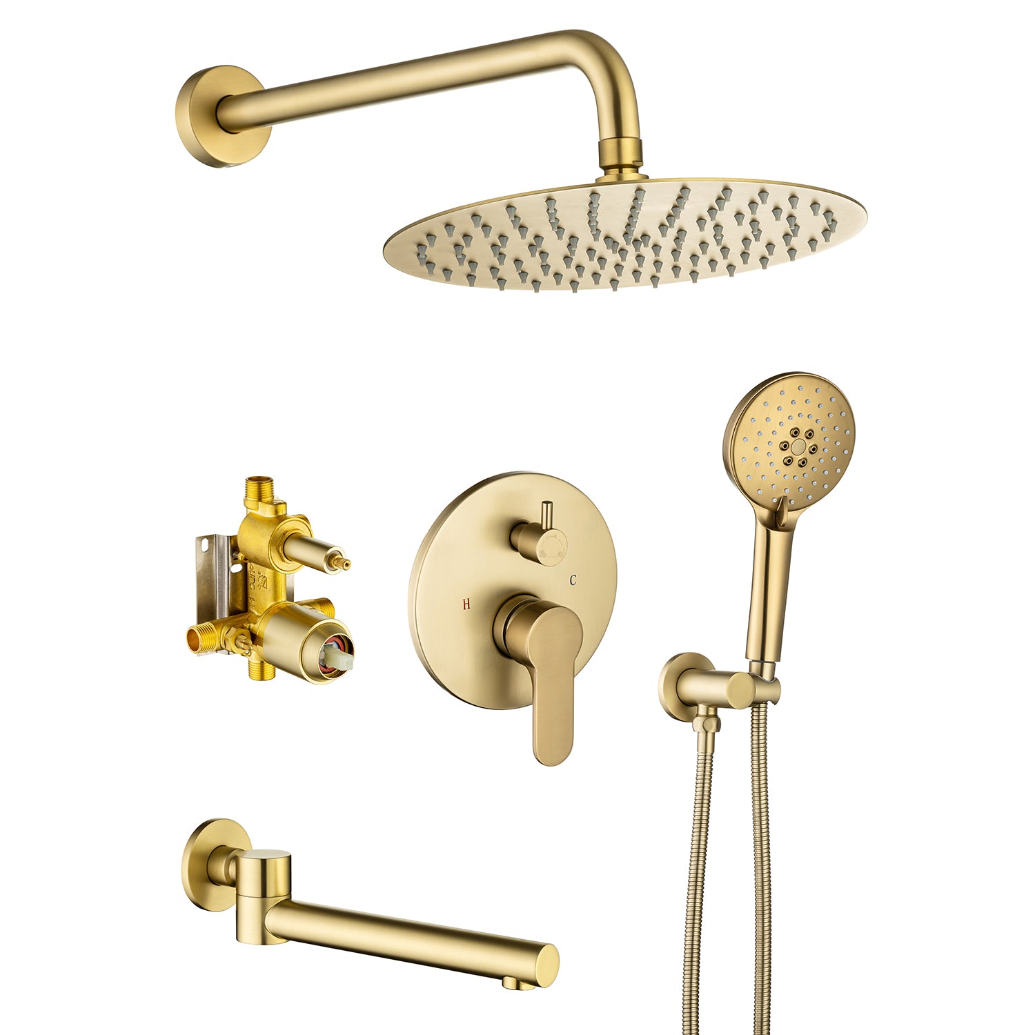 Pommeau de douche de 10 po, robinet de douche rond à 3 voies à montage mural avec valve brute RX96203-10