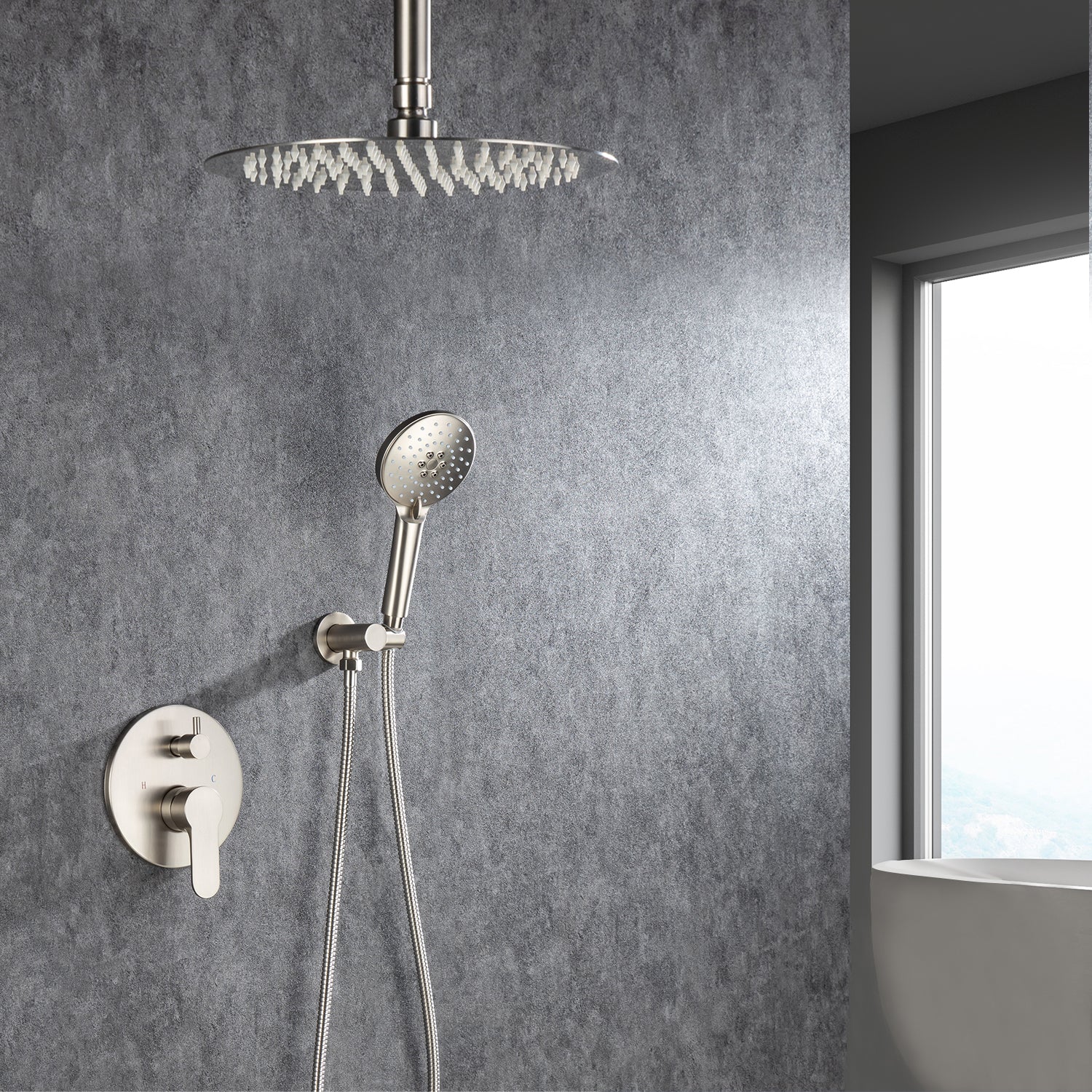 Pommeau de douche de 10 po, robinet de douche rond à 2 voies pour montage au plafond avec valve brute RX96205-10