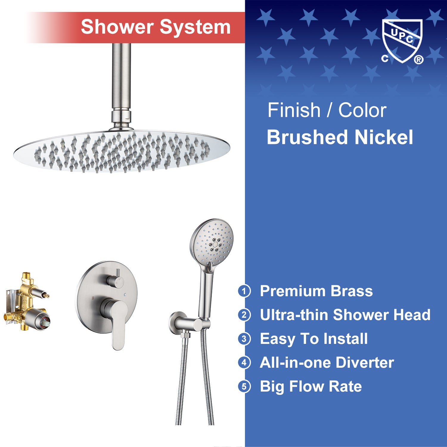 Pommeau de douche de 10 po, robinet de douche rond à 2 voies pour montage au plafond avec valve brute RX96205-10