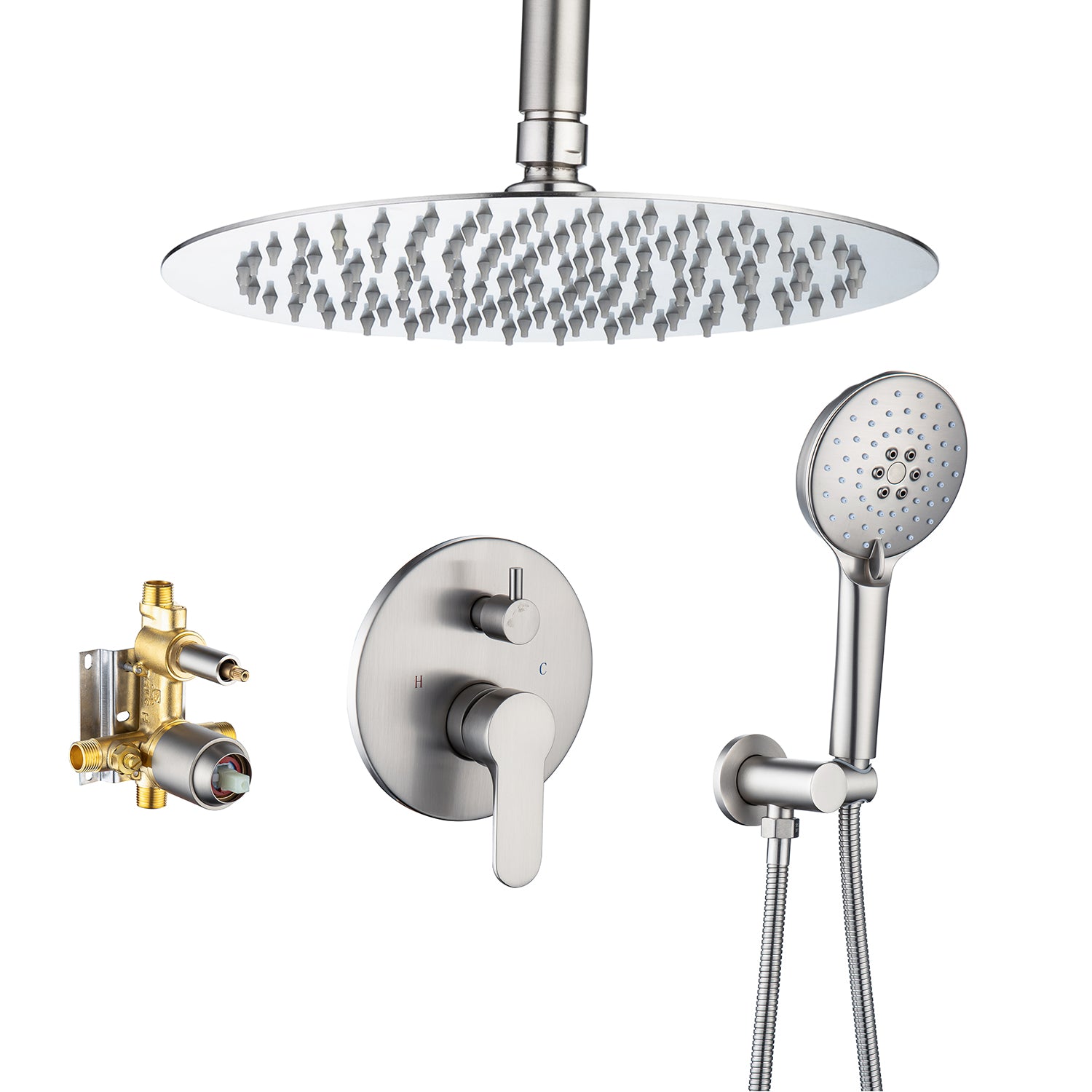 Pommeau de douche de 10 po, robinet de douche rond à 2 voies pour montage au plafond avec valve brute RX96205-10